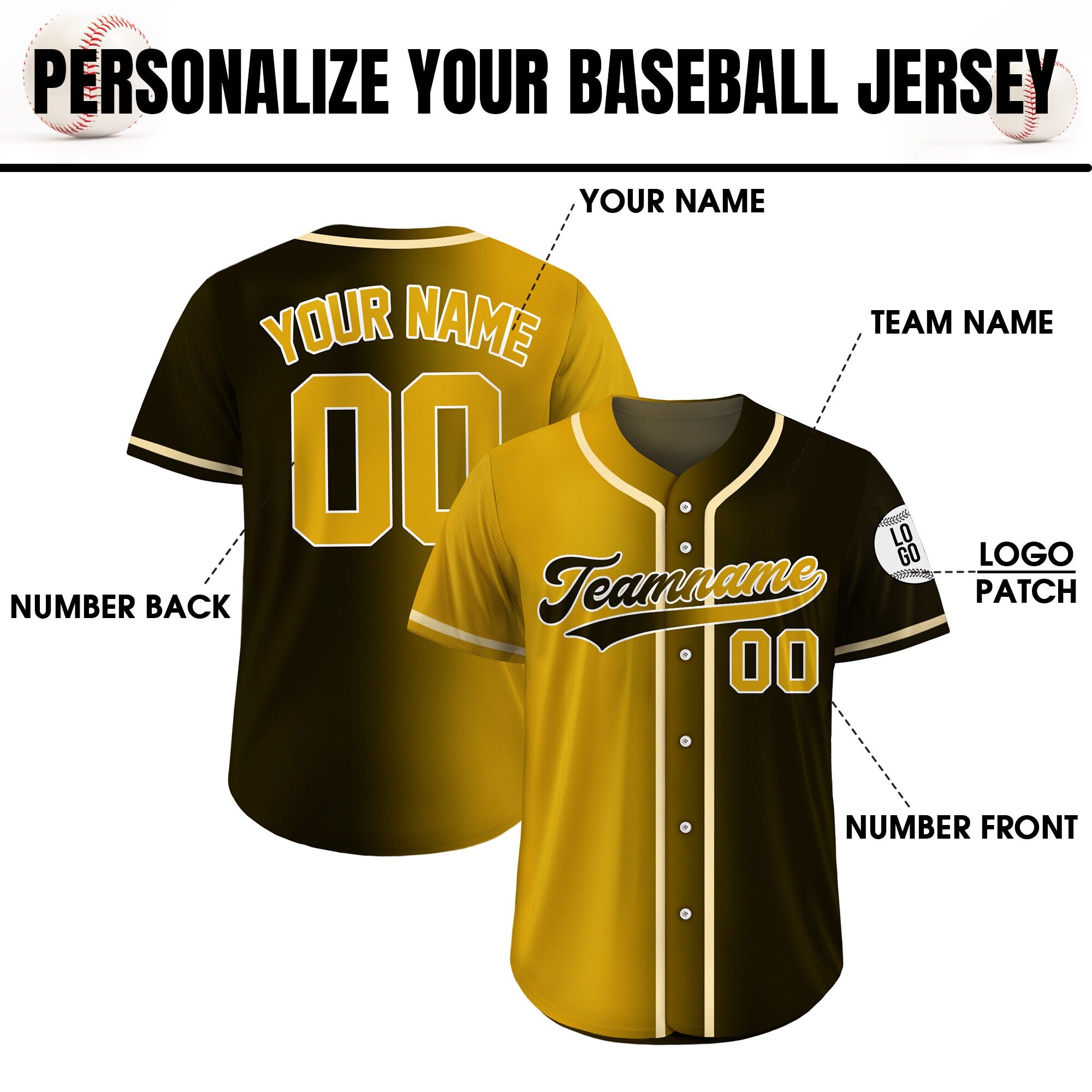 Custom Baseball Jersey Gradient with Teamname Name Number, Custom Jersey Shirt for Men Women Youth Kid, Gift for Baseball Fans Black Yellow