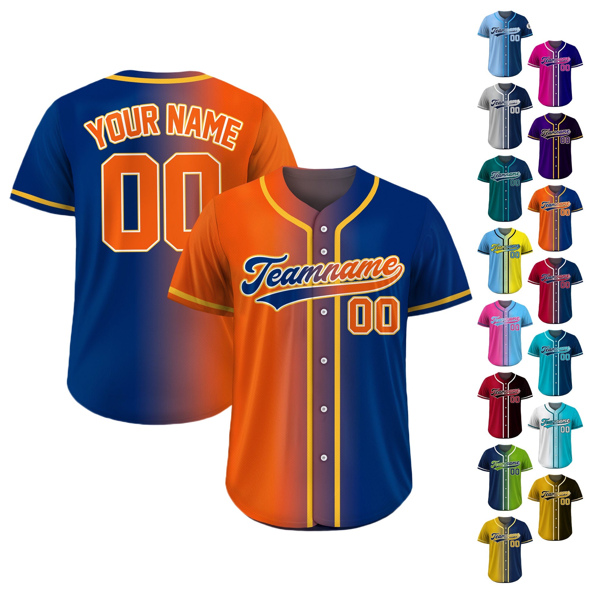 Printed Gradient Custom Baseball Jersey with Teamname Name Number, Jersey Shirt for Men Women Youth Kid Gifts for Baseball Fan Navy Orange