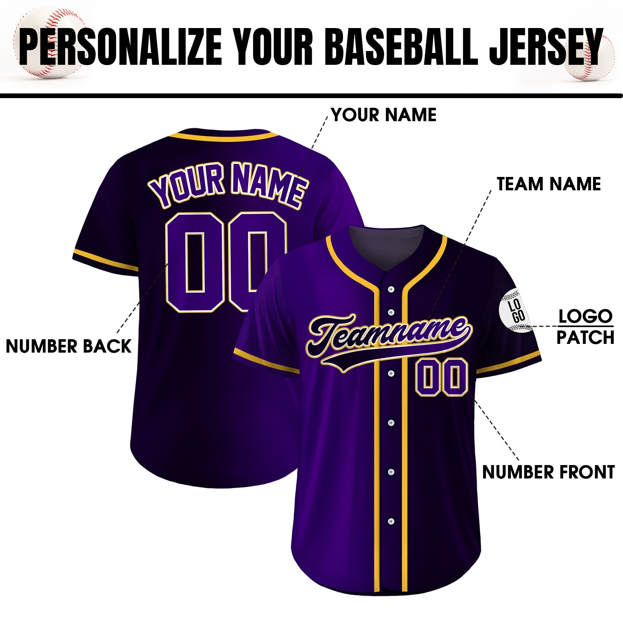 Custom Baseball Jersey Gradient with Teamname Name Number, Custom Jersey Shirt for Men Women Youth Kid, Gift for Baseball Fans Black Purple