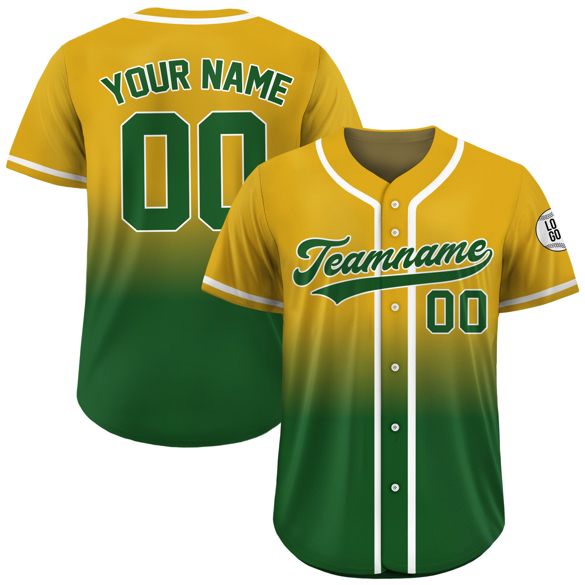 Gradient Custom Baseball Jersey with Teamname Name Number, Jersey Shirt for Men Women Youth Kid, Gift for Baseball Fan Green Yellow Printed