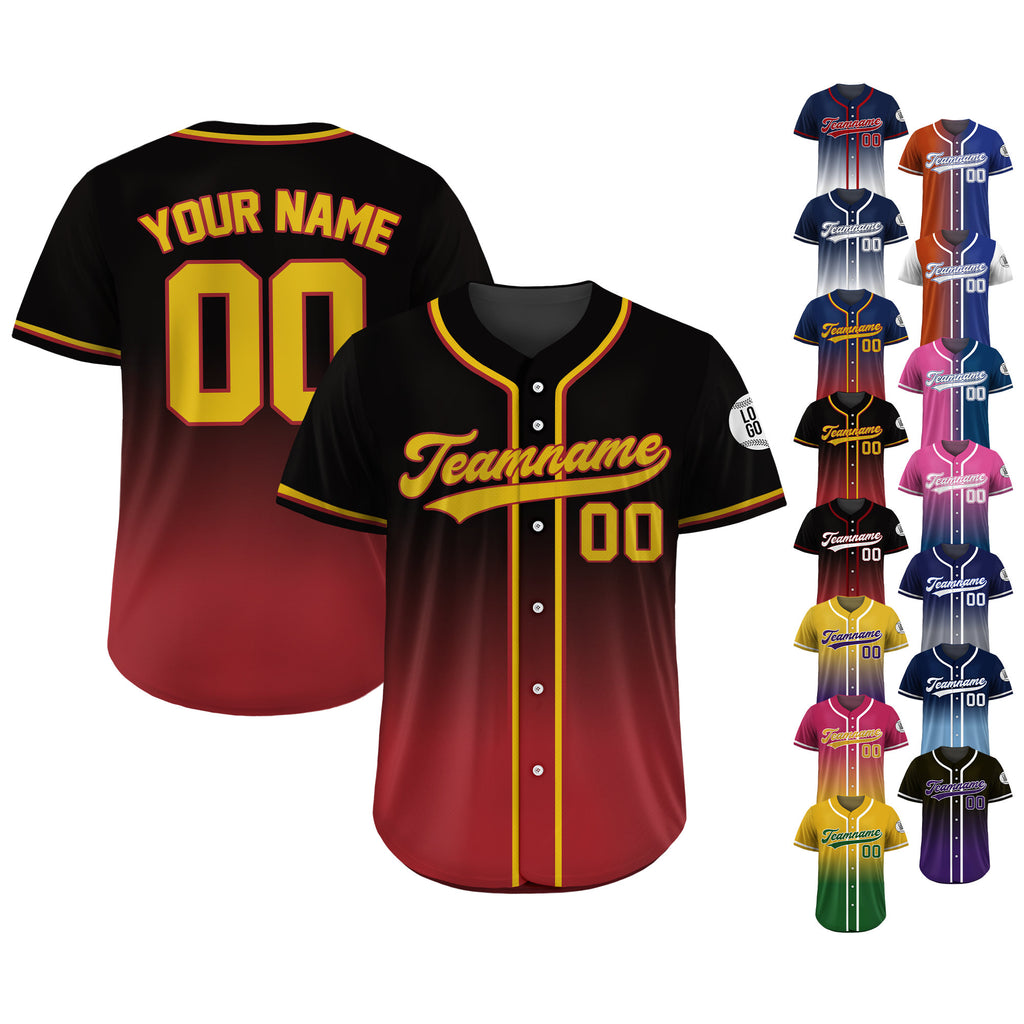 Printed Red Black Gradient Custom Baseball Jersey with Teamname Name Number, Jersey Shirt for Men Women Youth Kid, Gifts for Baseball Fans