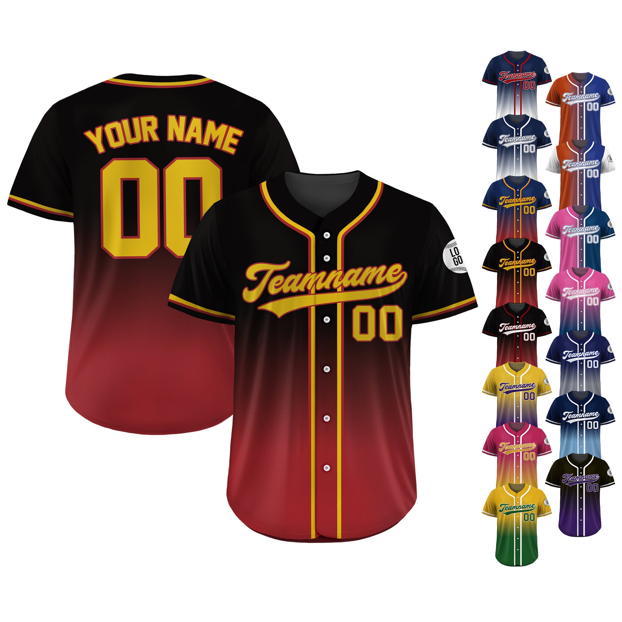 Printed Red Black Gradient Custom Baseball Jersey with Teamname Name Number, Jersey Shirt for Men Women Youth Kid, Gifts for Baseball Fans