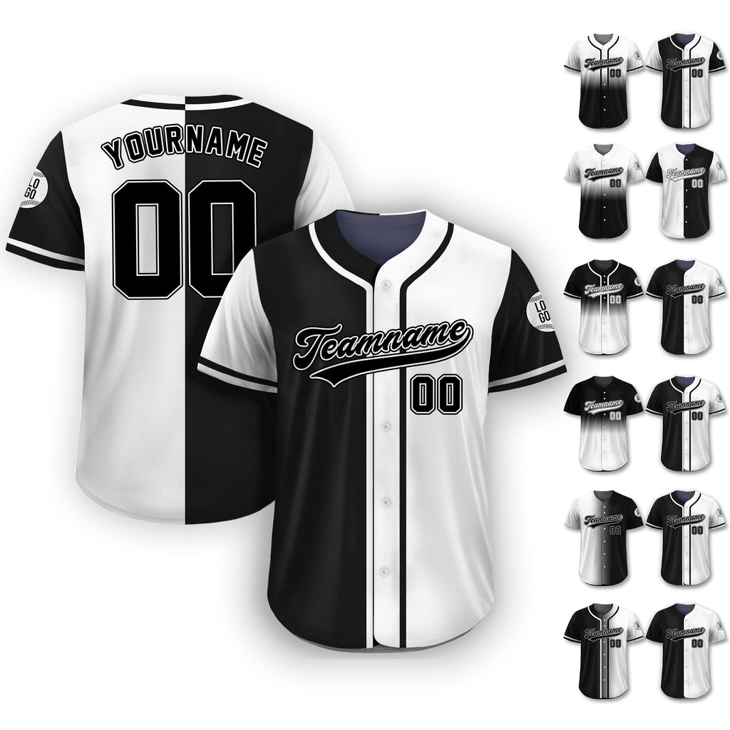 Personalized Team Name Number Logo Baseball Jersey, Custom Jersey for Men Women Youth Kid, Printed Black White Split Jersey Button Down