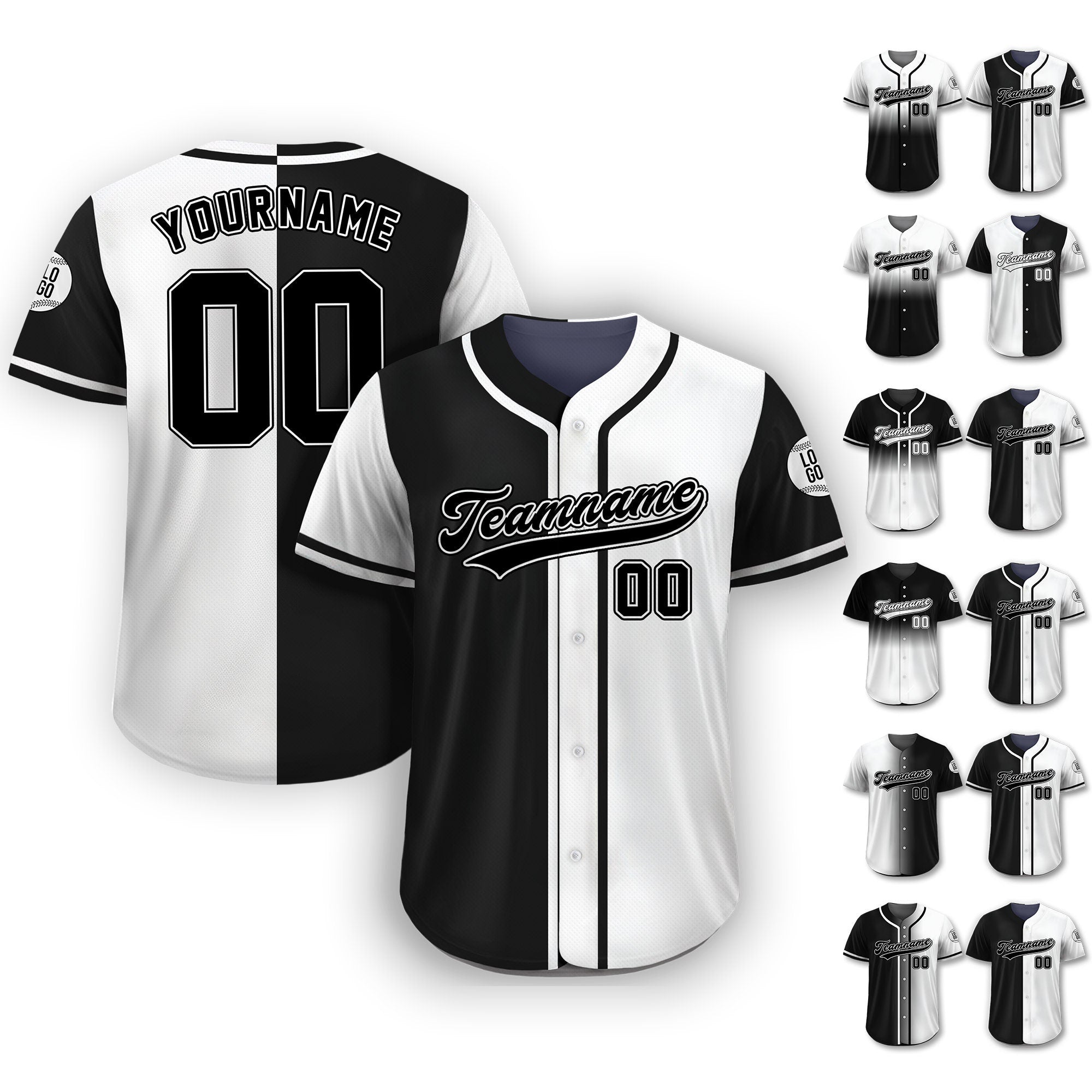Personalized Team Name Number Logo Baseball Jersey, Custom Jersey for Men Women Youth Kid, Printed Black White Split Jersey Button Down