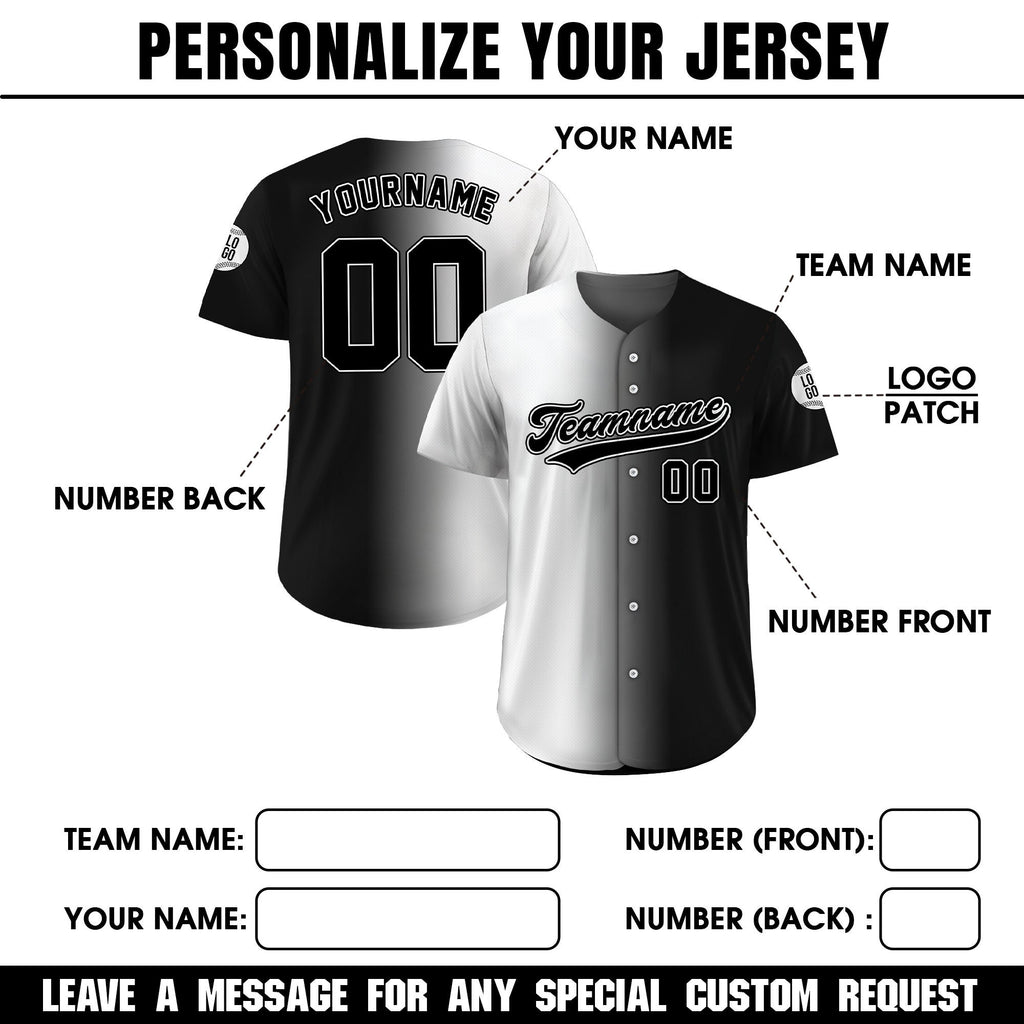 Personalized Team Name Number Logo Baseball Jersey, Custom Jersey for Men Women Youth Kid, Printed Black White Gradient Jersey Button Down