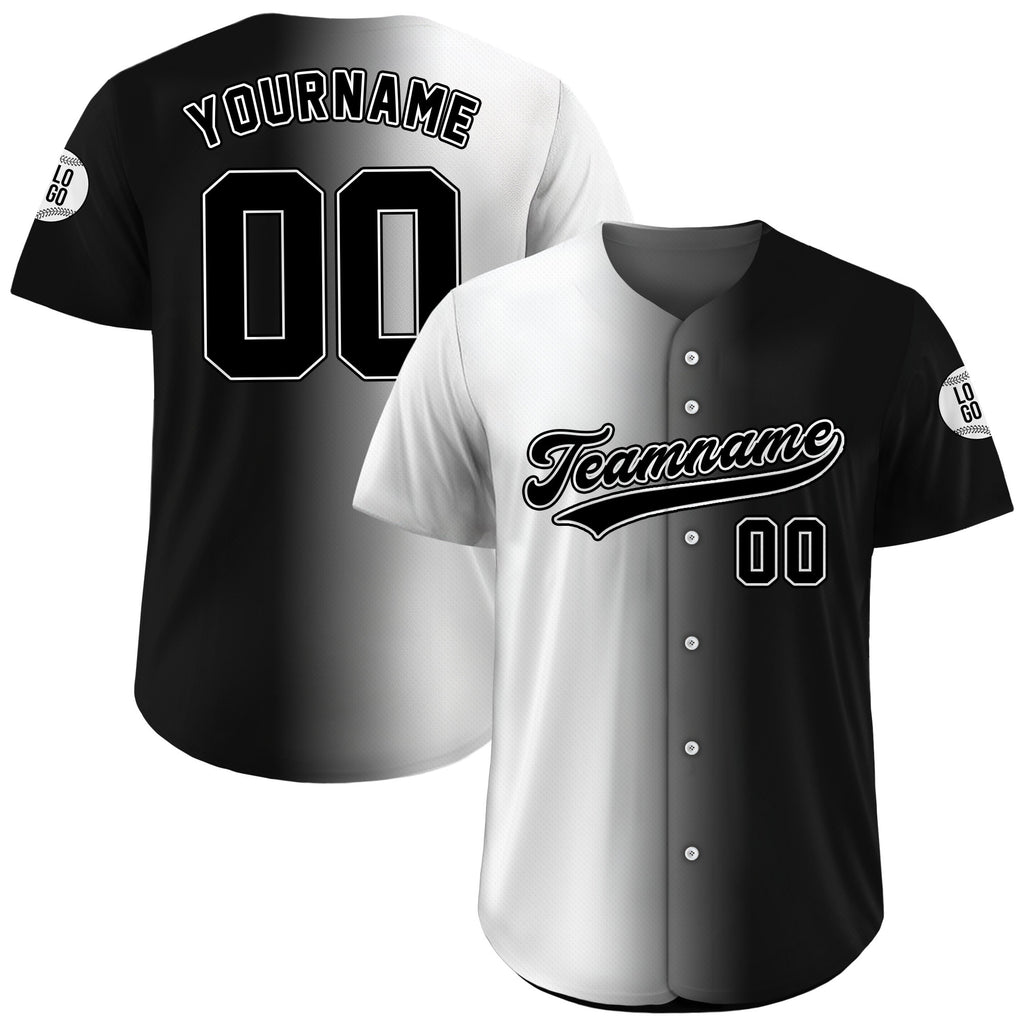 Personalized Team Name Number Logo Baseball Jersey, Custom Jersey for Men Women Youth Kid, Printed Black White Gradient Jersey Button Down