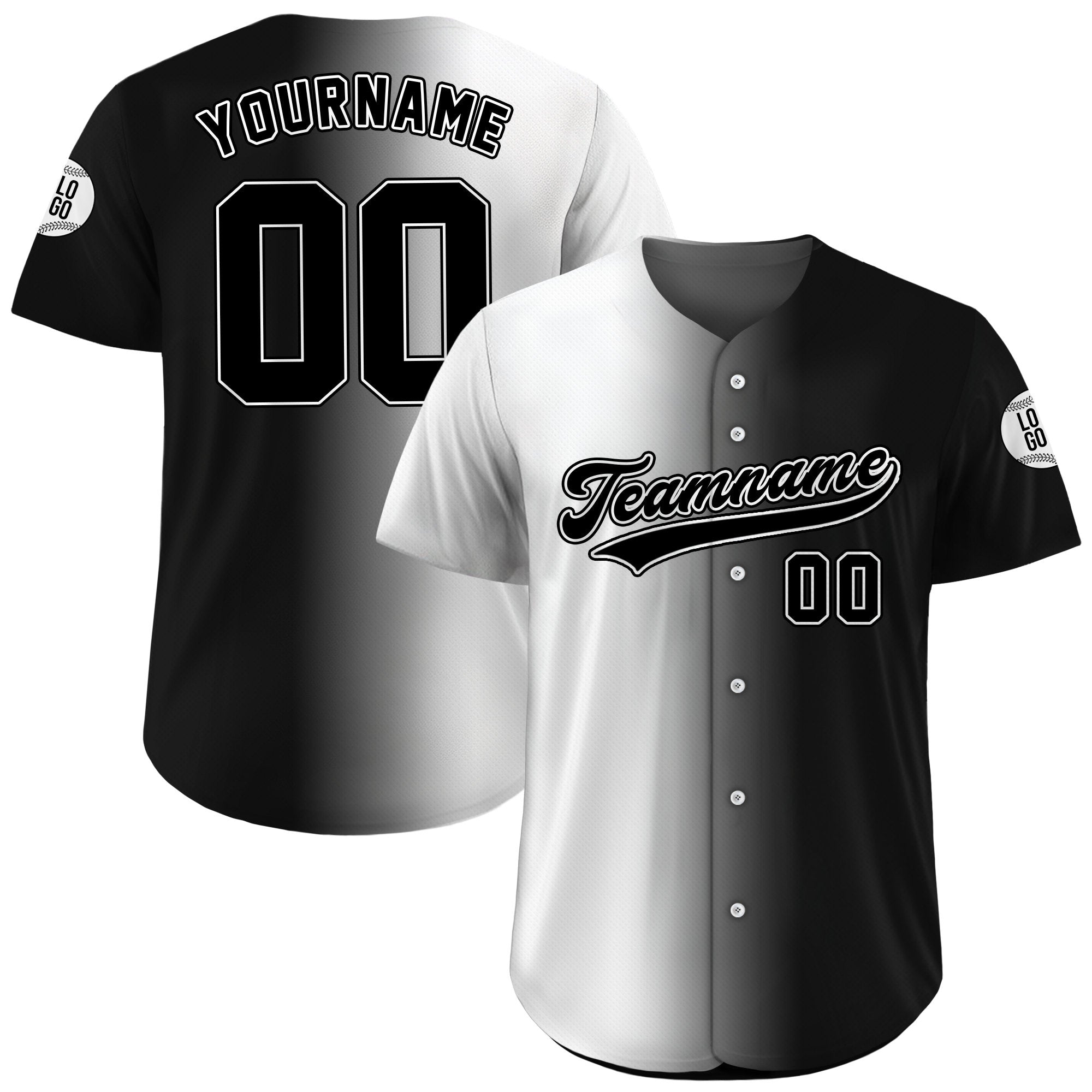 Personalized Team Name Number Logo Baseball Jersey, Custom Jersey for Men Women Youth Kid, Printed Black White Gradient Jersey Button Down
