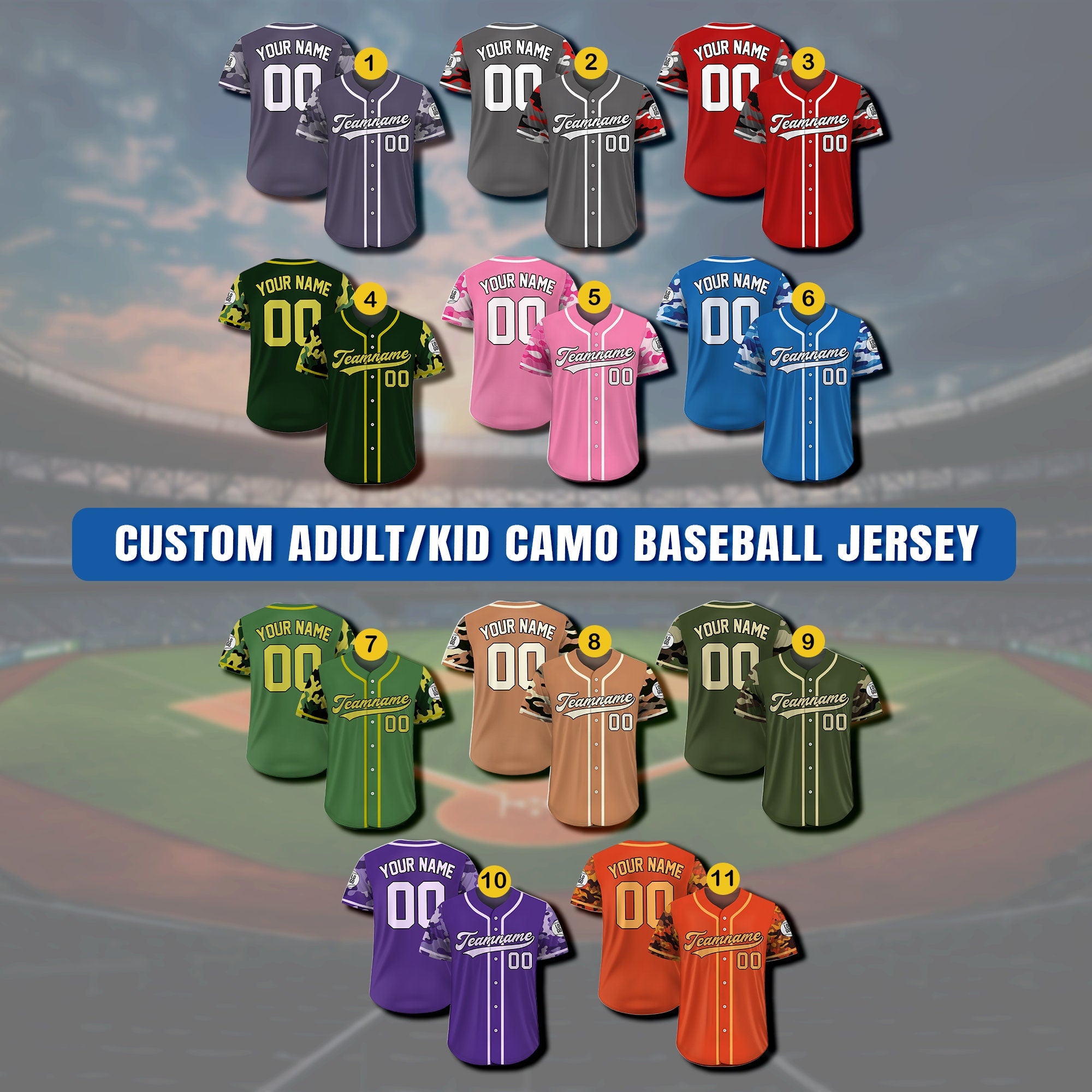 Custom Camouflage Baseball Jersey with Teamname Name Number Logo, Personalized Baseball Jersey For Adult Kid, Camo Baseball Uniform For Fans