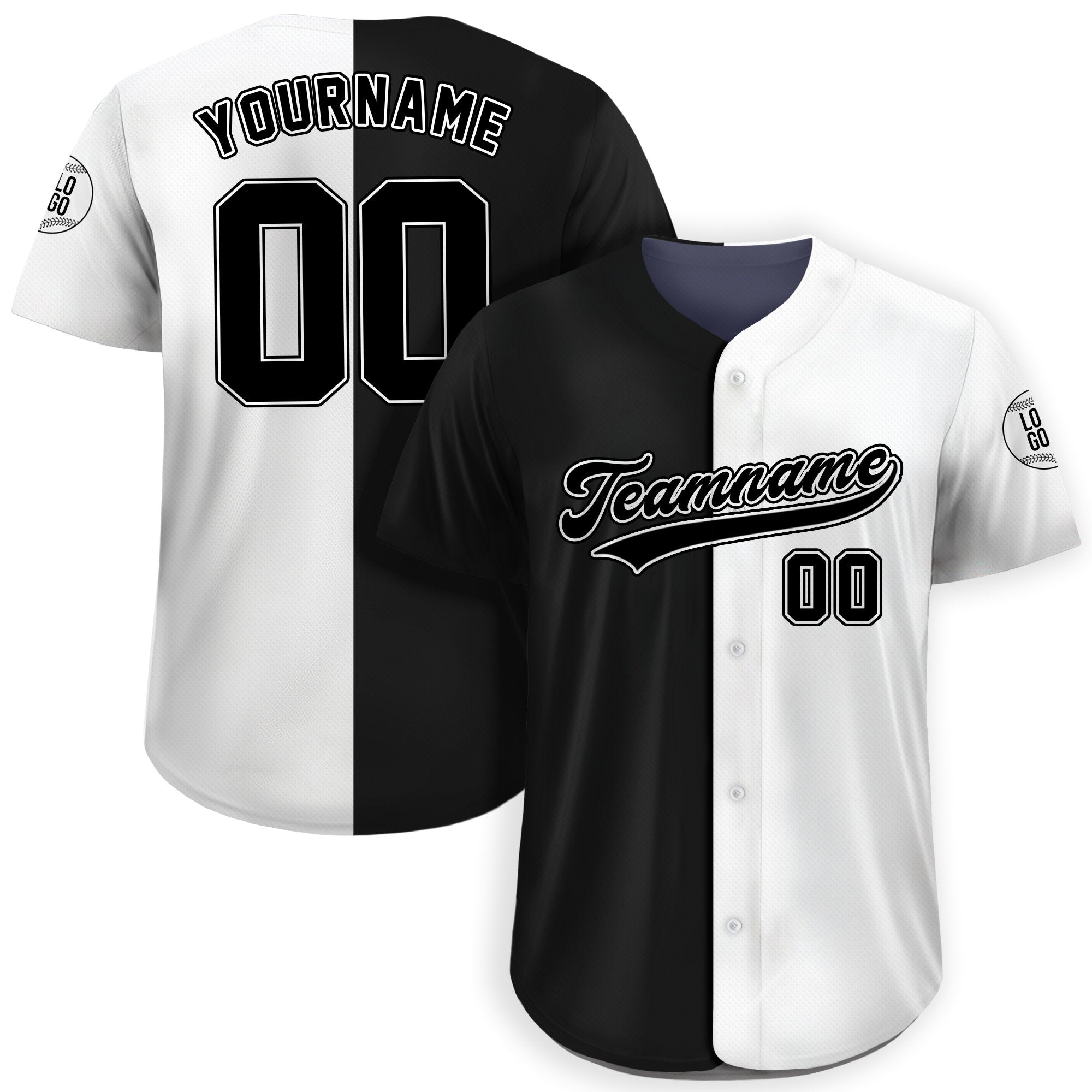 Personalized Team Name Number Logo Baseball Jersey, Custom Jersey for Men Women Youth Kid, Printed Black White Split Jersey Button Down