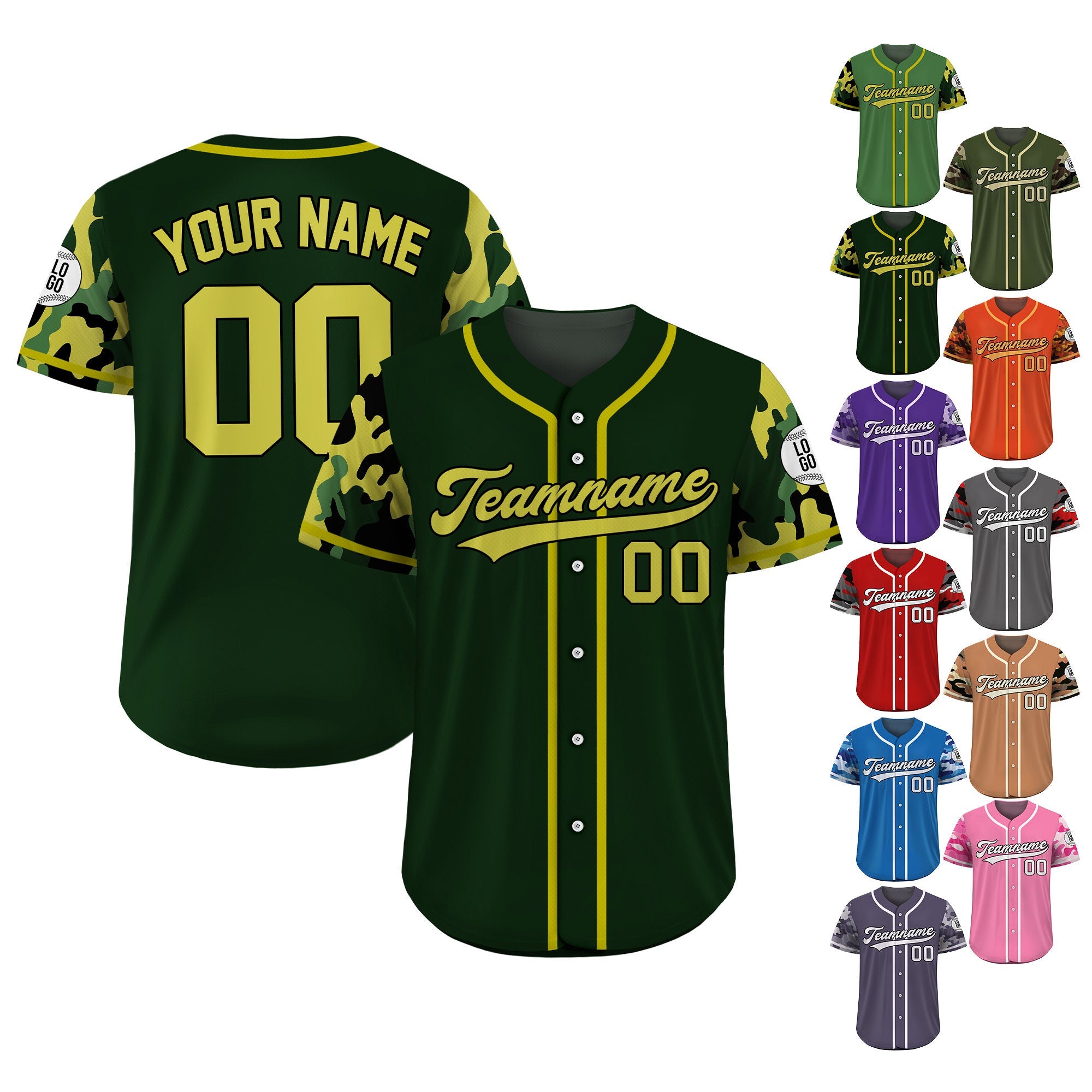 Custom Camo Baseball Jersey Custom Name Number Logo, Personalized Baseball Jersey For Adult Kid, Camouflage Baseball Uniform Forest Green