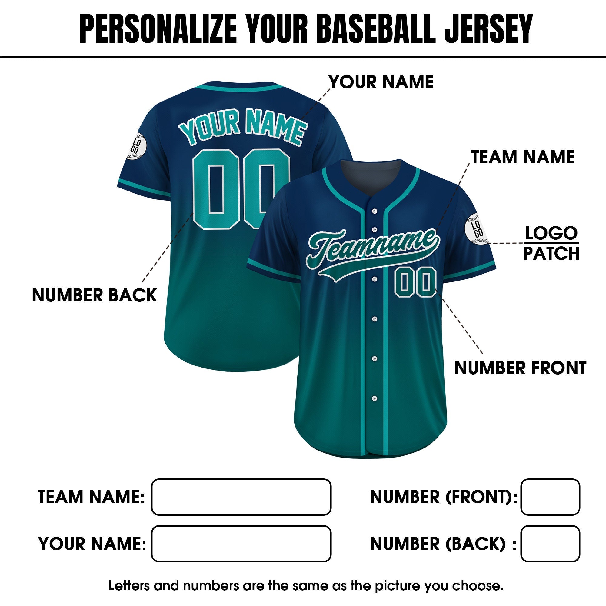 Custom Baseball Jersey Gradient with Teamname Name Number Logo, Personalized Jersey Shirt for Adult Kid, Gift for Baseball Fans Navy Green