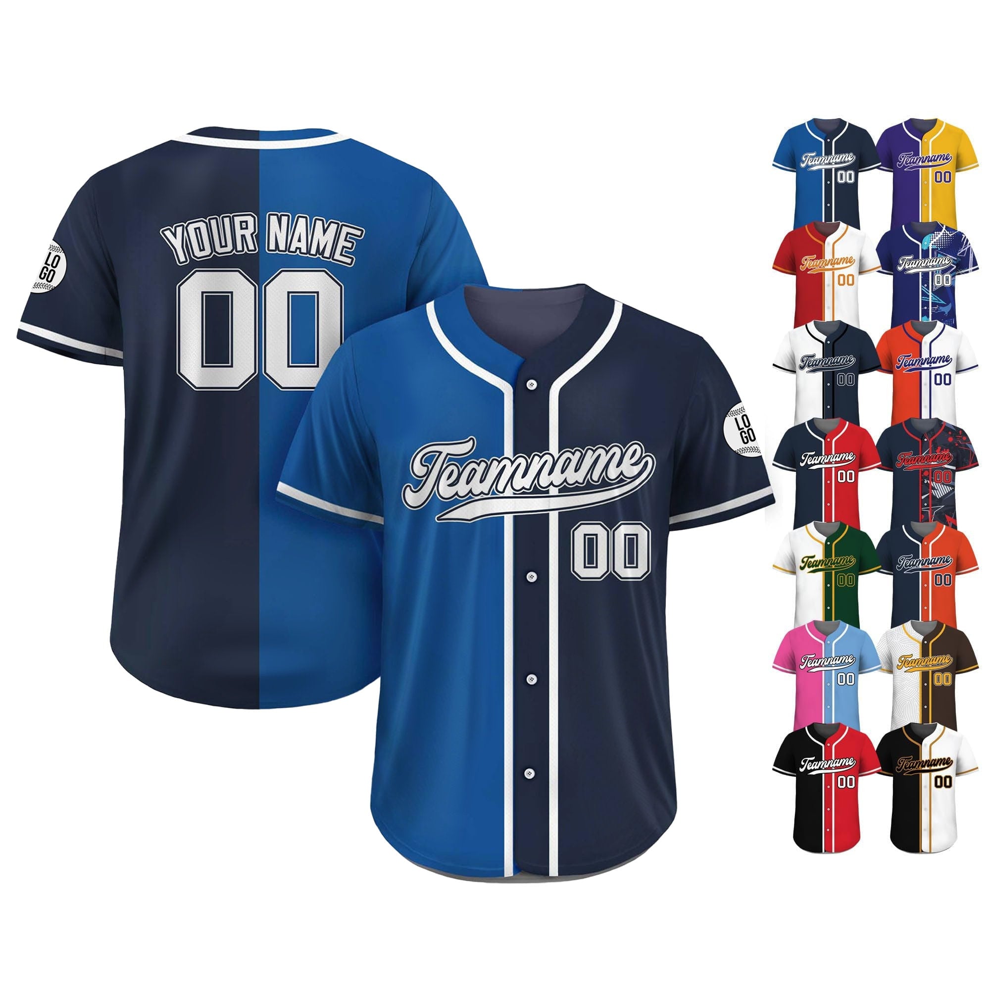 Custom Baseball Jersey with Teamname Name Number, Jersey Shirt for Men Women Youth, Personalized Split Printed Blue Navy Button Down Jersey