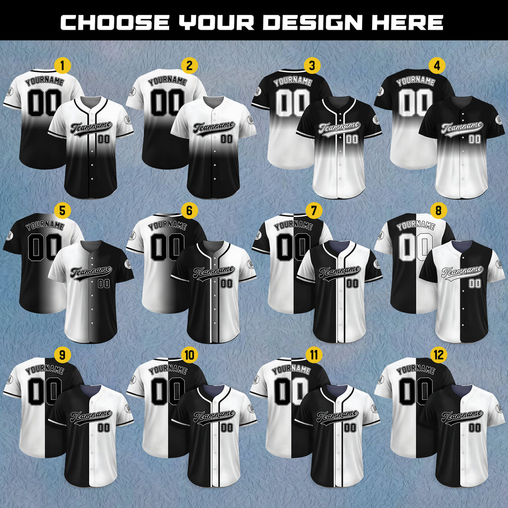 Personalized Team Name Number Logo Baseball Jersey, Custom Jersey for Men Women Youth Kid, Printed Black White Split Jersey Button Down