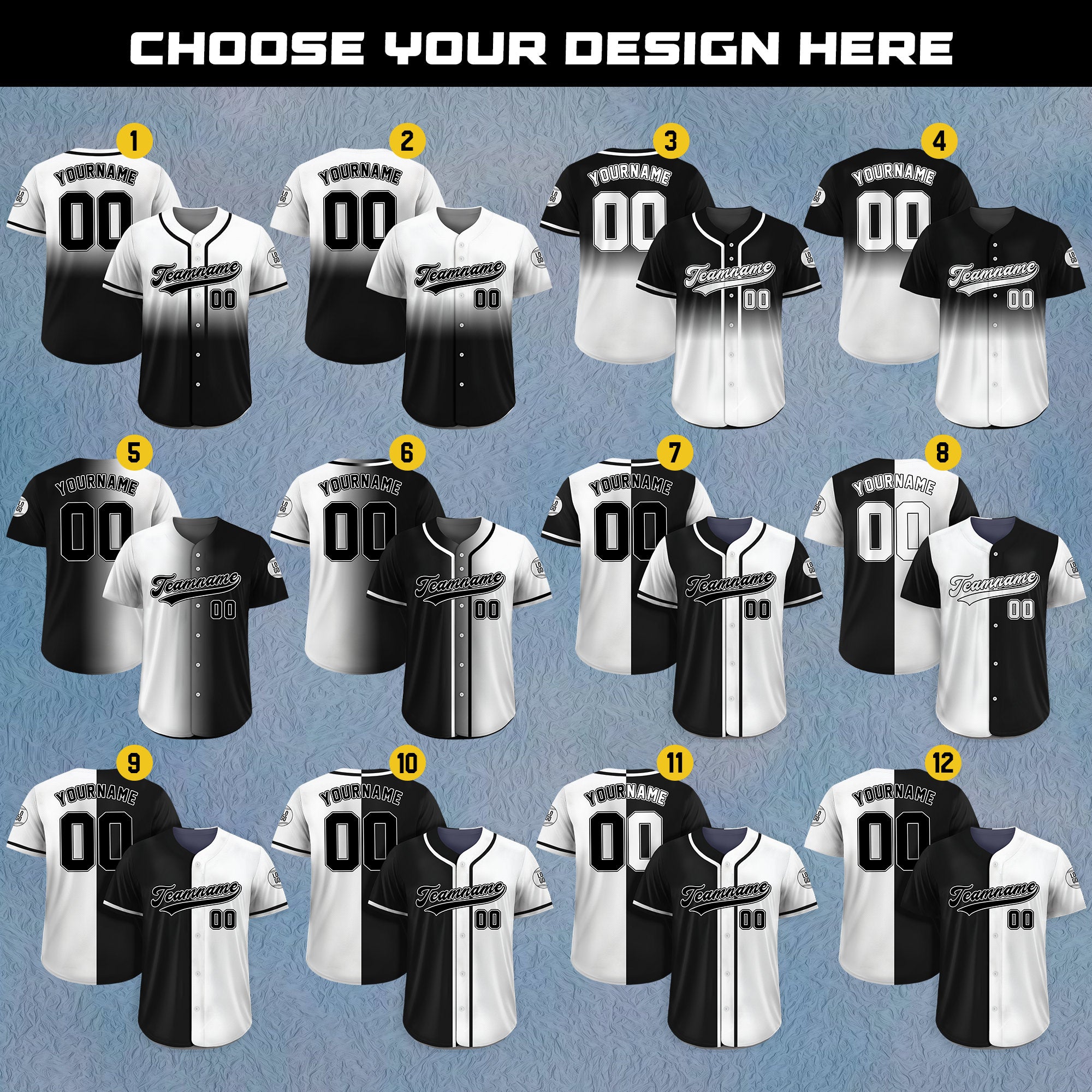 Personalized Team Name Number Logo Baseball Jersey, Custom Jersey for Men Women Youth Kid, Printed Black White Split Jersey Button Down