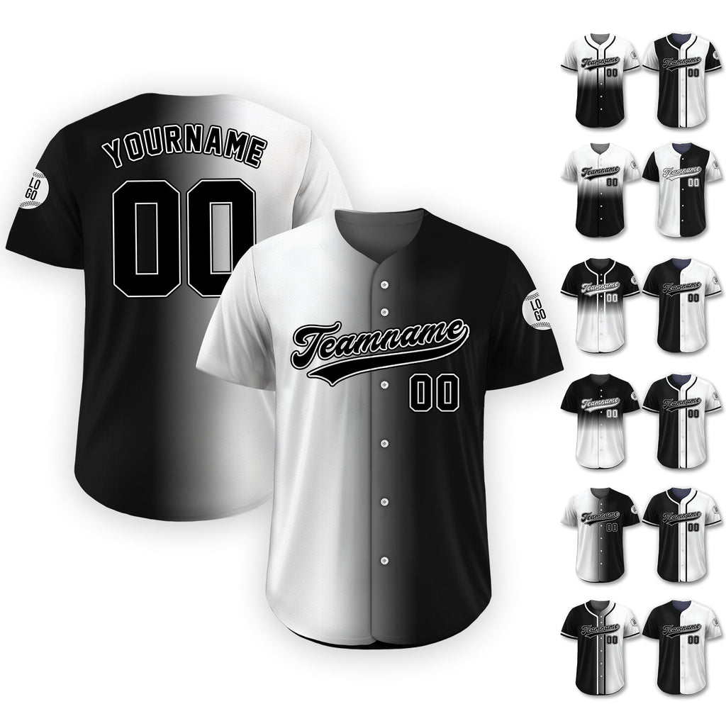 Personalized Team Name Number Logo Baseball Jersey, Custom Jersey for Men Women Youth Kid, Printed Black White Gradient Jersey Button Down