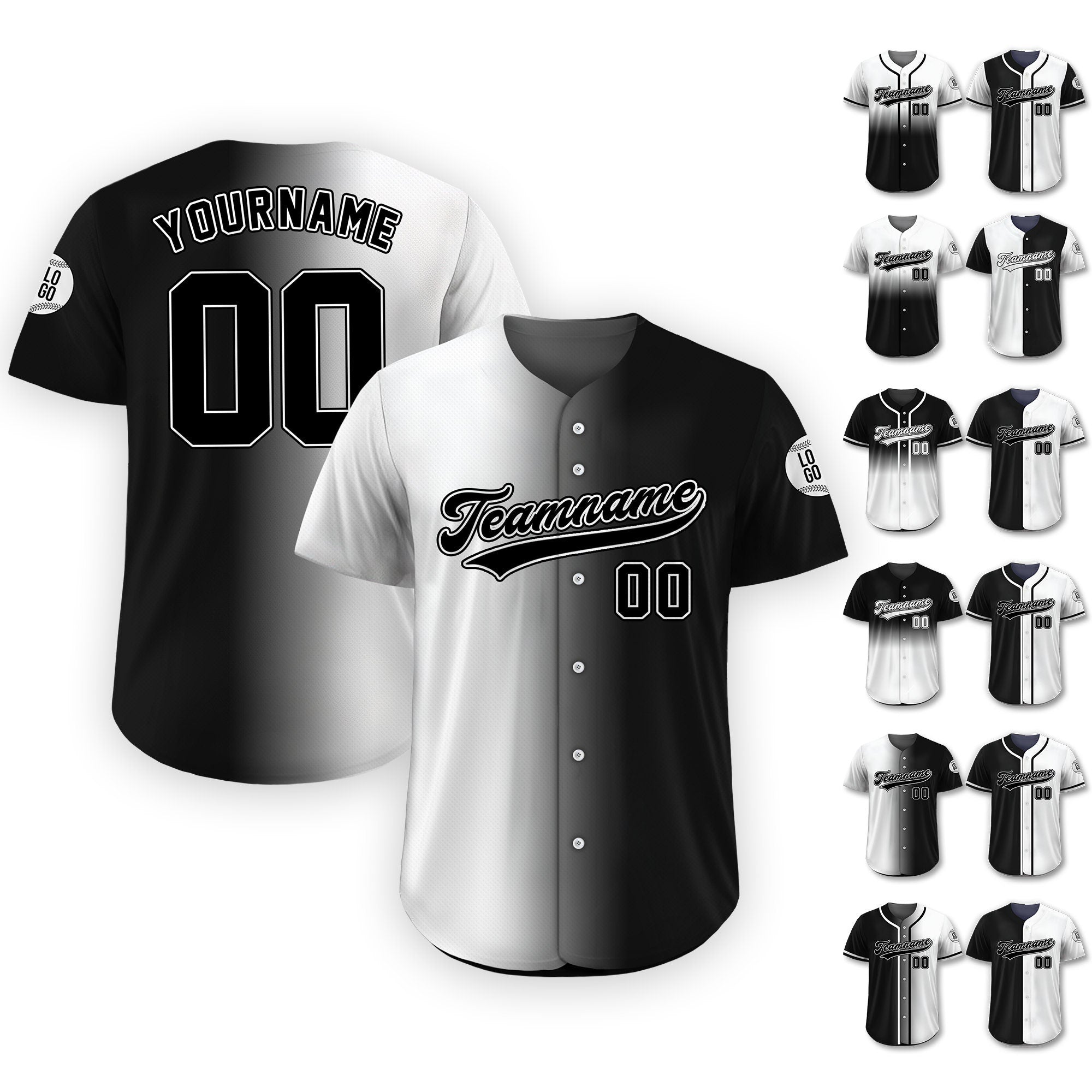 Personalized Team Name Number Logo Baseball Jersey, Custom Jersey for Men Women Youth Kid, Printed Black White Gradient Jersey Button Down