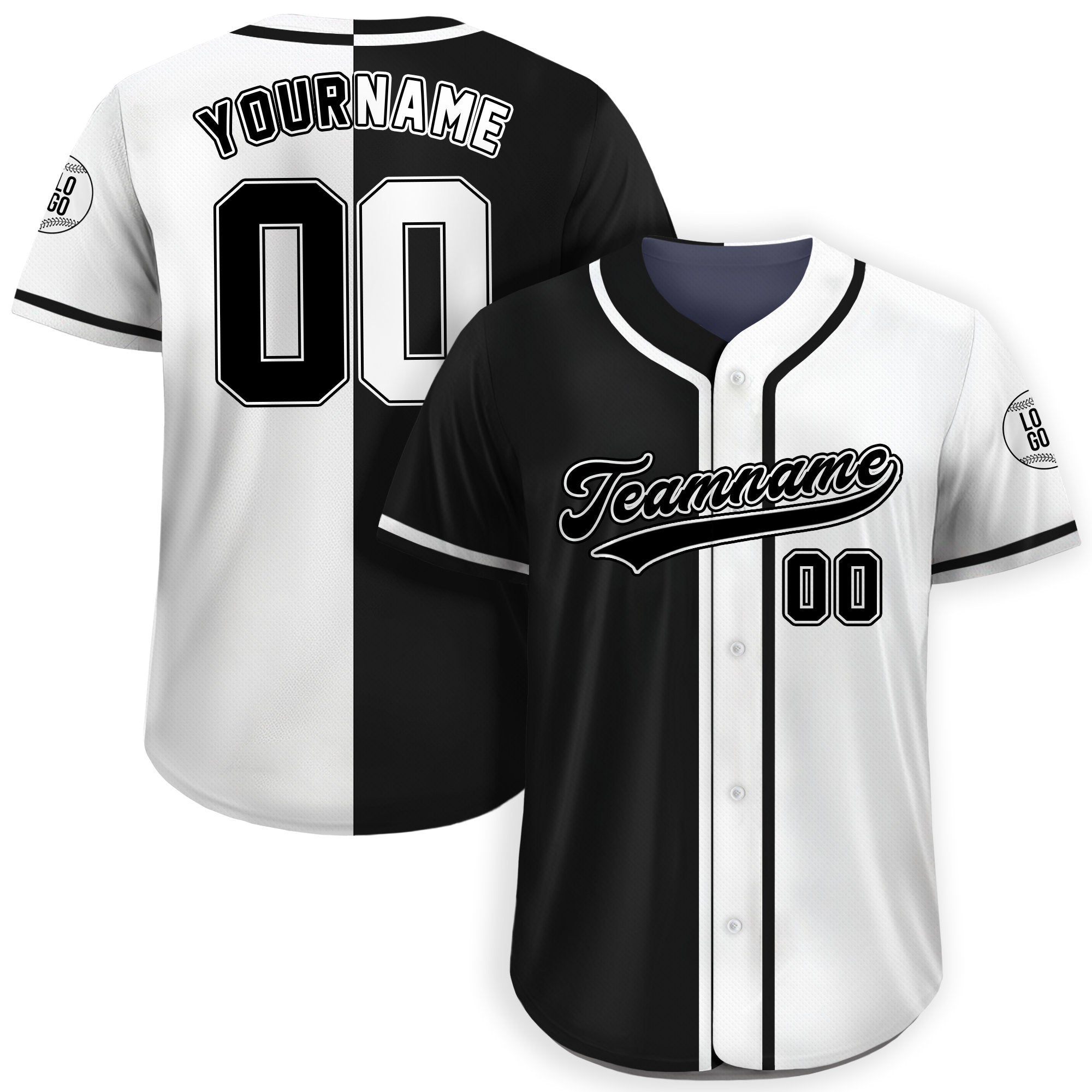 Personalized Team Name Number Logo Baseball Jersey, Custom Jersey for Men Women Youth Kid, Printed Black White Split Jersey Button Down