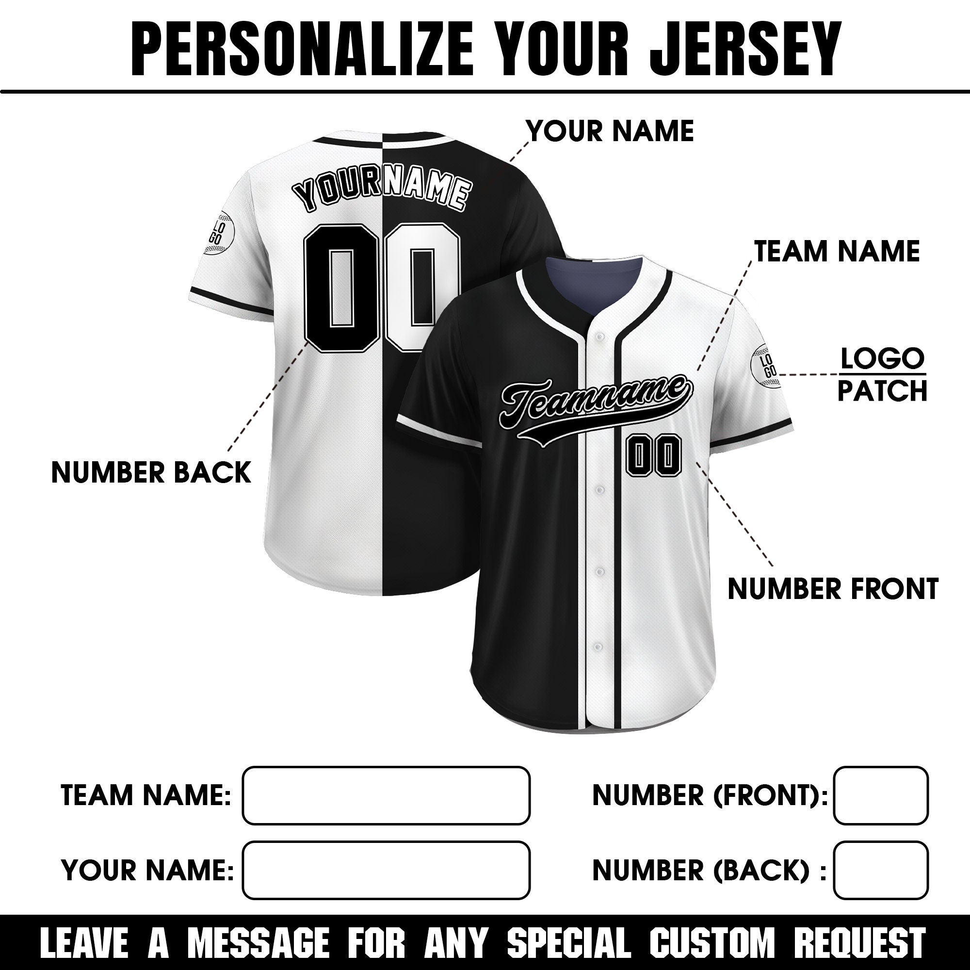 Personalized Team Name Number Logo Baseball Jersey, Custom Jersey for Men Women Youth Kid, Printed Black White Split Jersey Button Down