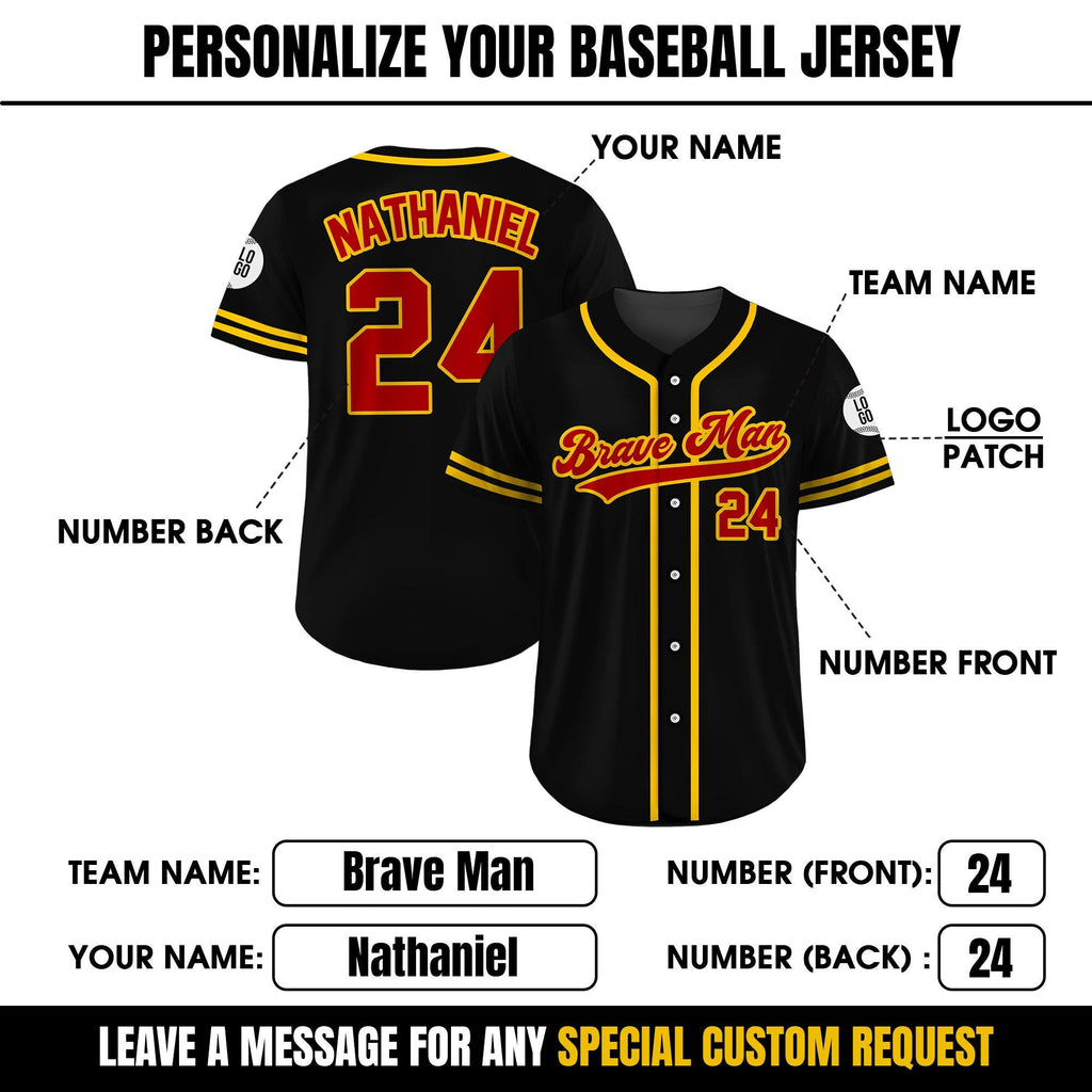 Custom Baseball Jersey Shirt, Custom Team Name Number, Personalized Baseball Jersey For Adult Kid, Black Red Yellow Baseball Jersey Uniform