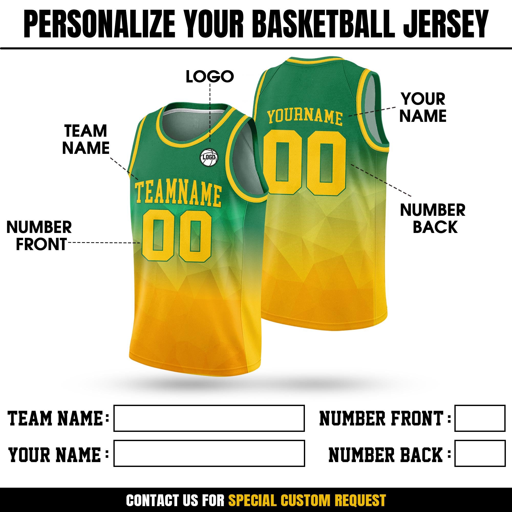 Personalized Basketball Jersey Tank Top Team Name Number For Adult Kid Youth, Custom Gradient Green Yellow Shirt Jersey For Basketball Fan
