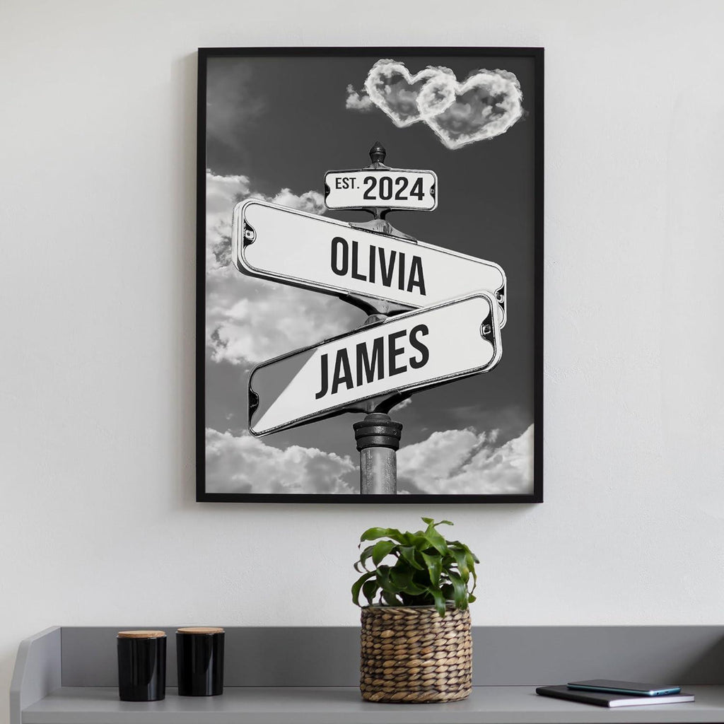 Personalized Canvas Vintage Street Sign For Couples, Custom Name And Date Street Sign Canvas Print, Crossroads Street Sign Gift For Couples