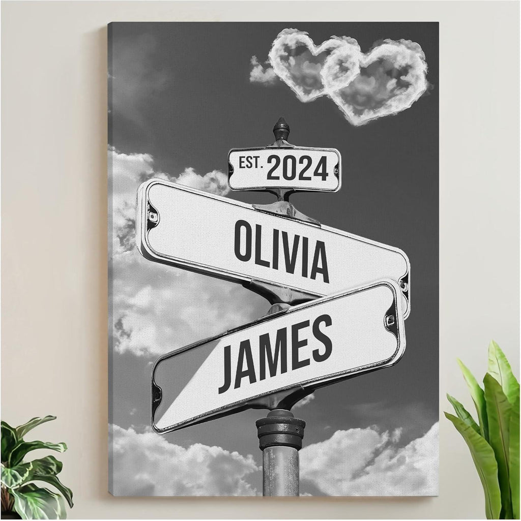 Personalized Canvas Vintage Street Sign For Couples, Custom Name And Date Street Sign Canvas Print, Crossroads Street Sign Gift For Couples