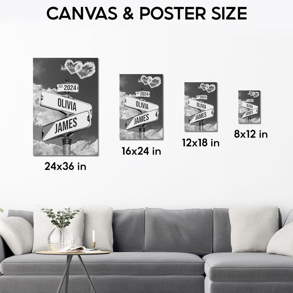 Personalized Canvas Vintage Street Sign For Couples, Custom Name And Date Street Sign Canvas Print, Crossroads Street Sign Gift For Couples