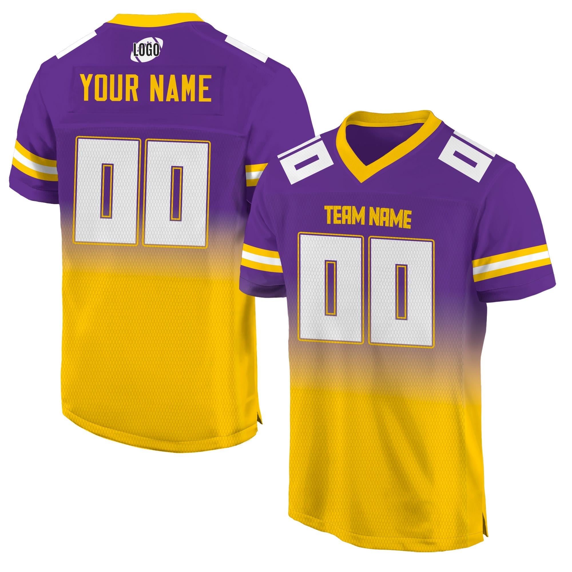 Personalized Team Name & Number Football Jersey For Women Men Youth, Custom Front Back Football V-neck shirt, Gradient Purple Yellow Jersey