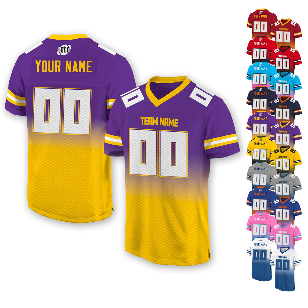 Personalized Team Name & Number Football Jersey For Women Men Youth, Custom Front Back Football V-neck shirt, Gradient Purple Yellow Jersey