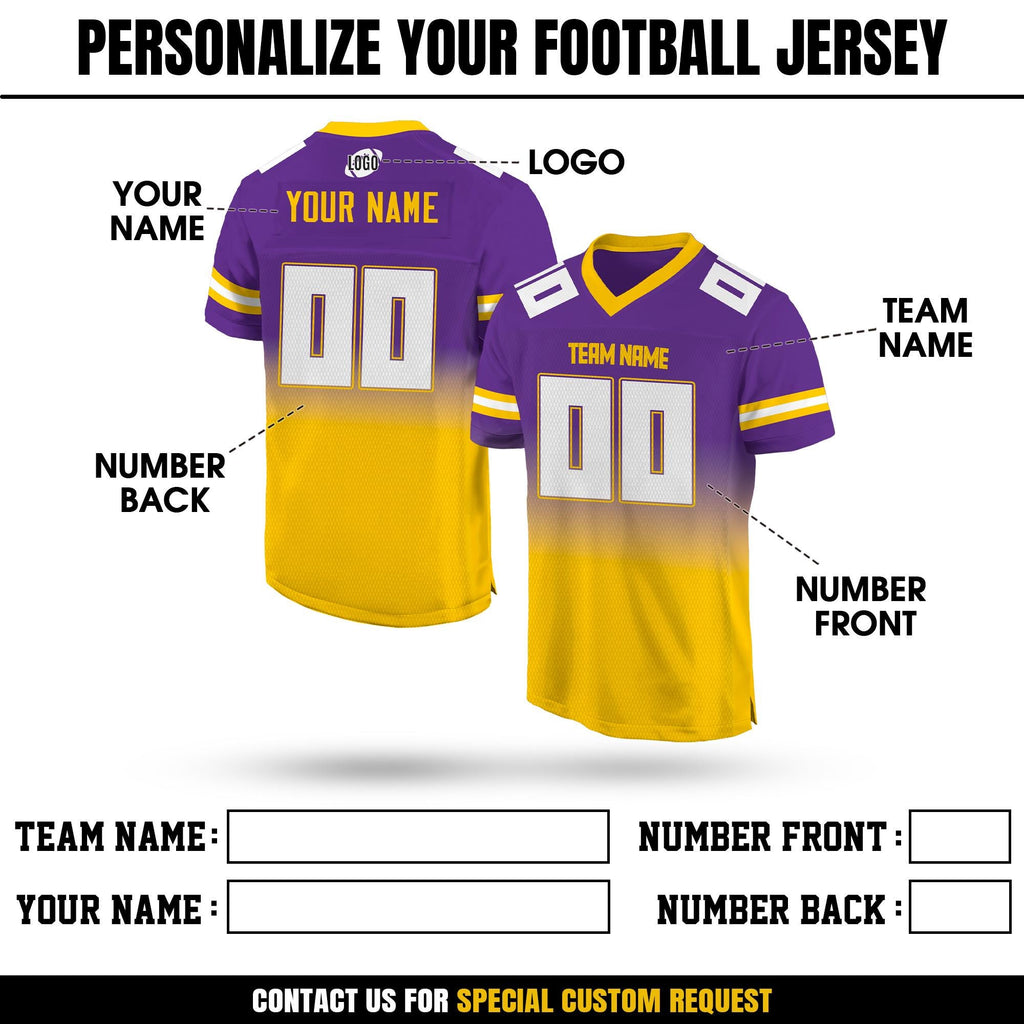 Personalized Team Name & Number Football Jersey For Women Men Youth, Custom Front Back Football V-neck shirt, Gradient Purple Yellow Jersey