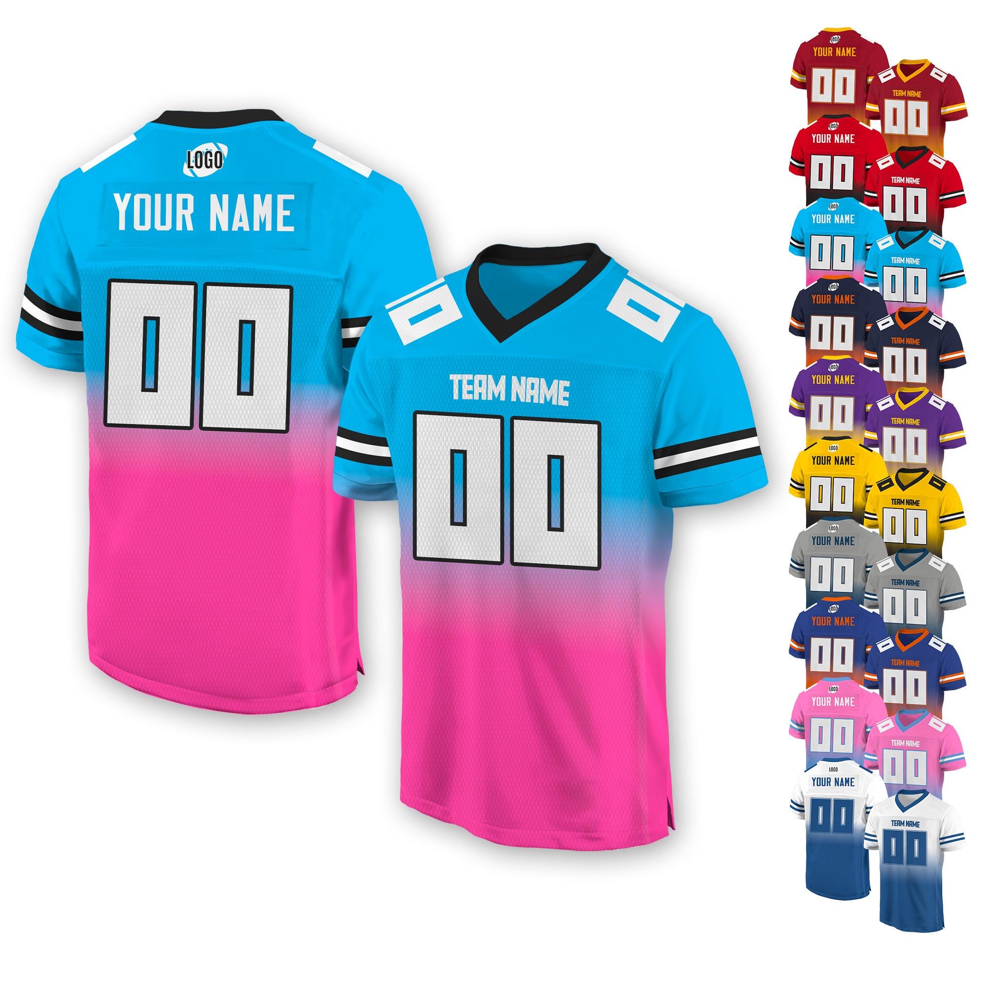Personalized Team Name & Number Football Jersey Custom For Men Women Youth Preschool, Personalized Football V-neck Jersey Shirt Blue Pink