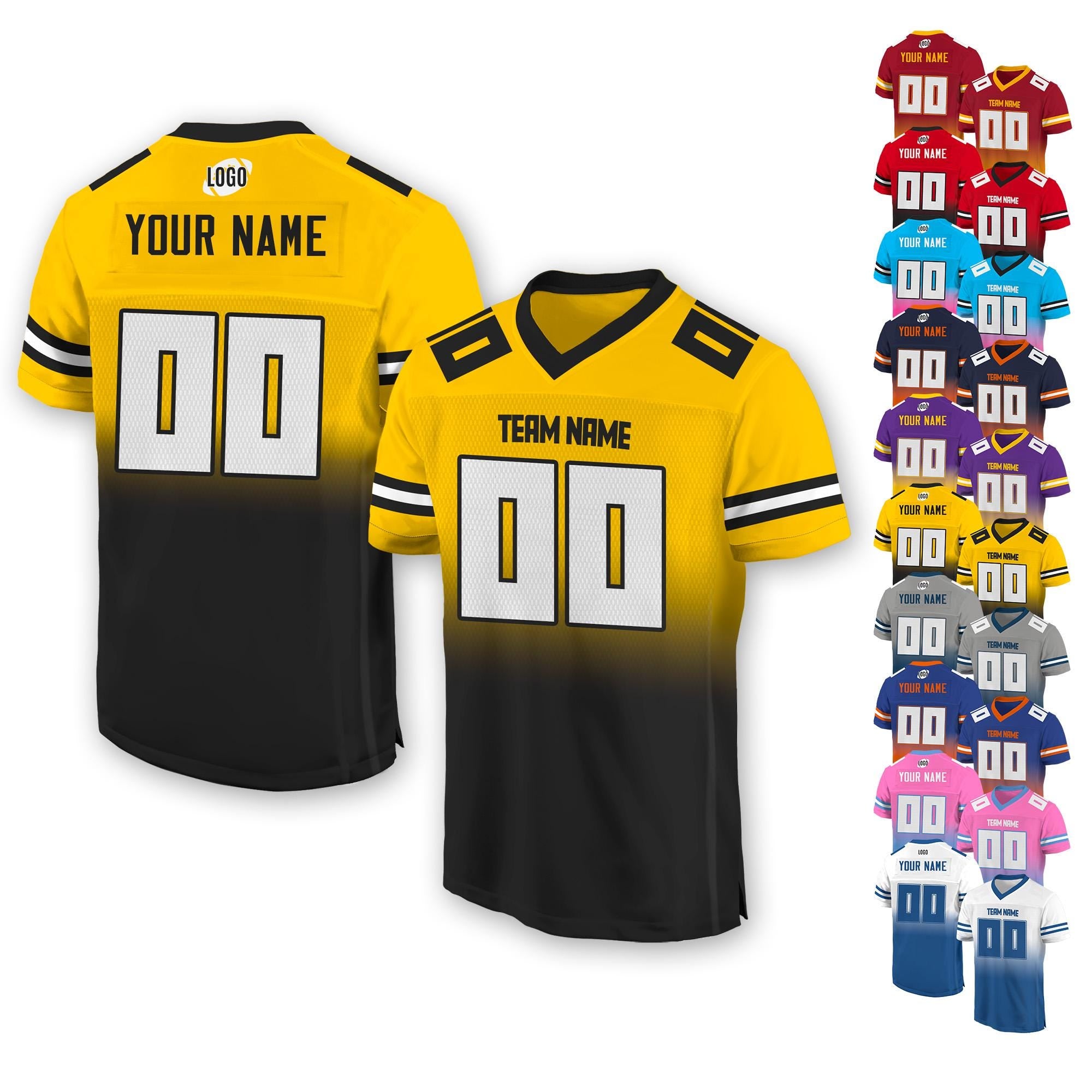 Custom Team Name Number Logo Football Jersey For Men Women Youth Preschool, Custom V-Neck Mesh Football Shirt Gradient Black Yellow Jersey