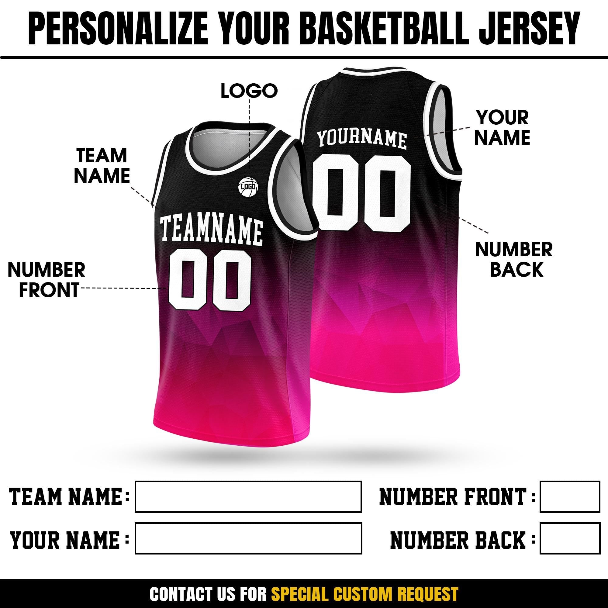 Personalized Team Name & Number Basketball Jersey Tank Top For Adult Kid Youth, Custom Basketball Jersey Shirt, Gradient Black Pink Jersey