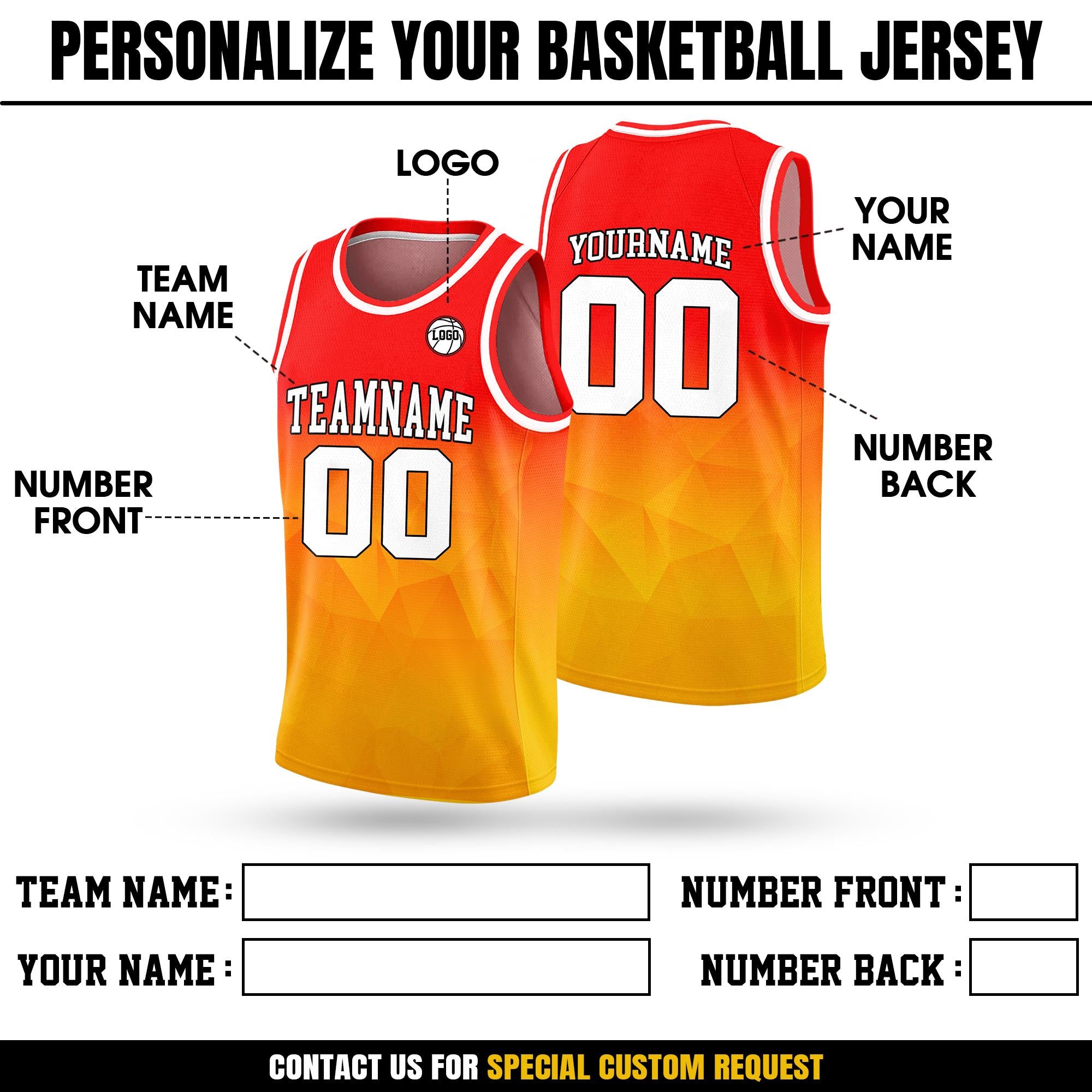 Personalized Team Name & Number Basketball Jersey Tank Top For Adult Youth Kid, Custom Basketball Shirt, Gradient Red Orange Yellow Jersey