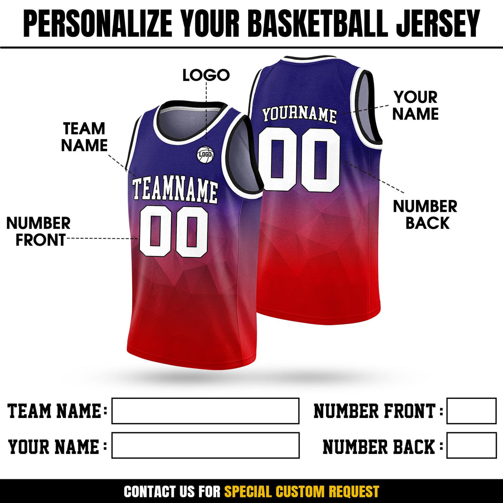 Personalized Basketball Jersey Tank Top Team Name Number Logo For Adult Kid Youth, Custom Gradient Red Navy Shirt Jersey For Basketball Fan