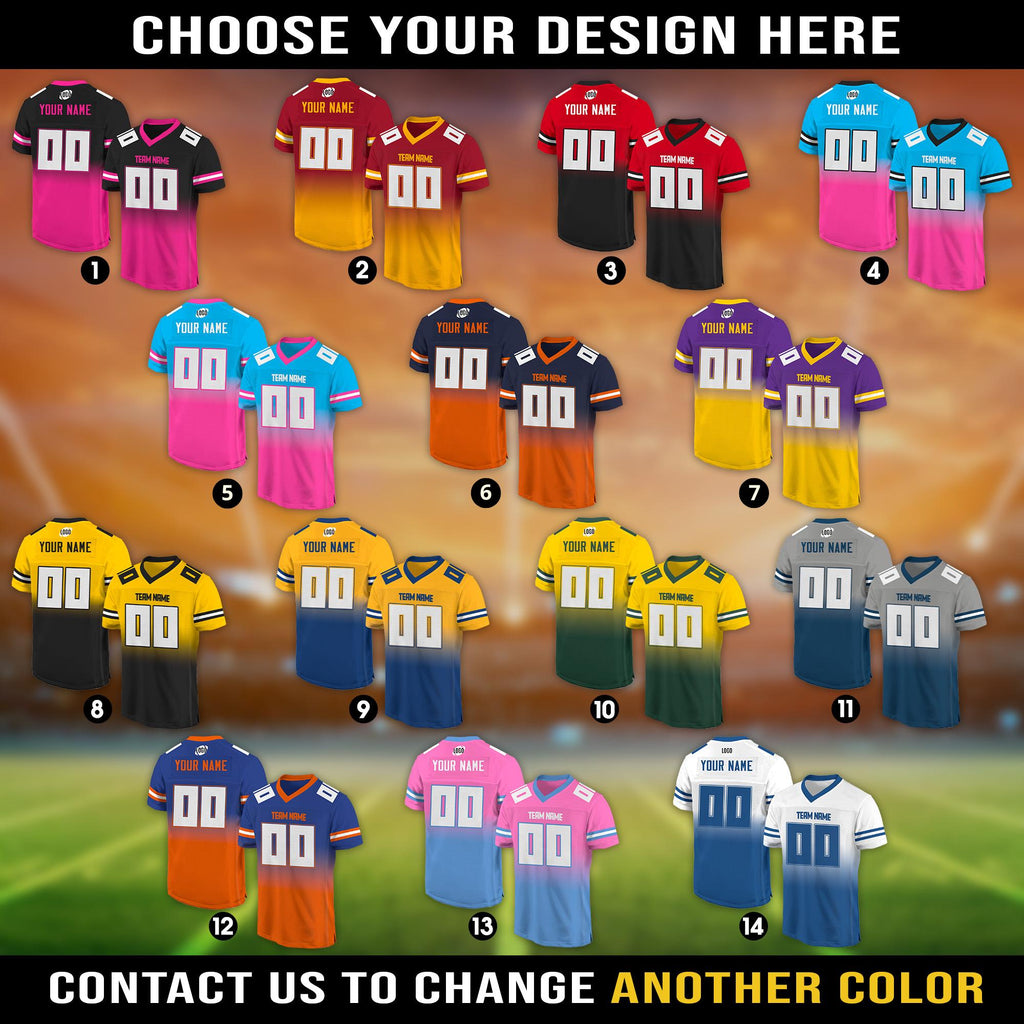 Personalized Team Name & Number Football Jersey For Women Men Youth, Custom Front Back Football V-neck shirt, Gradient Purple Yellow Jersey