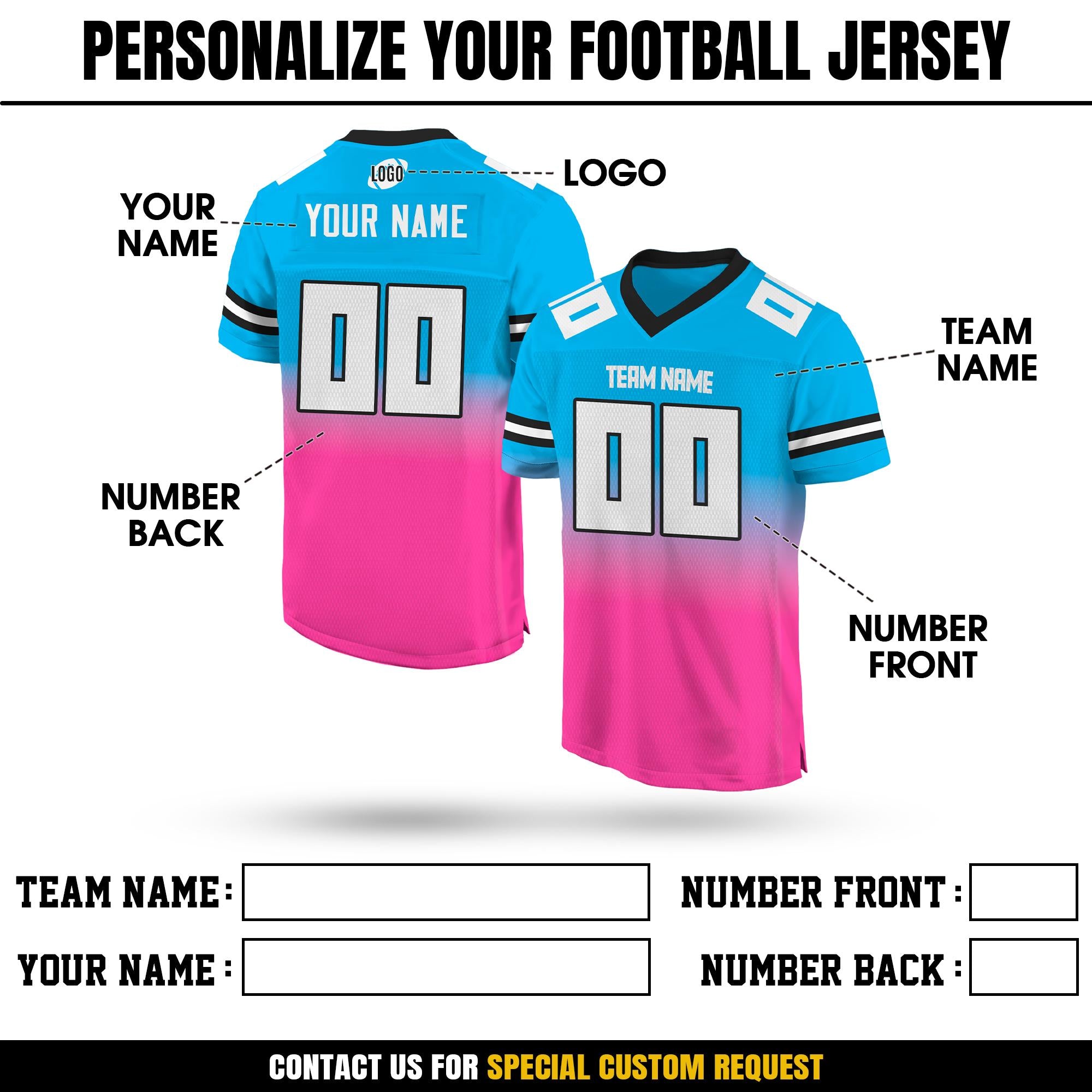 Personalized Team Name & Number Football Jersey Custom For Men Women Youth Preschool, Personalized Football V-neck Jersey Shirt Blue Pink