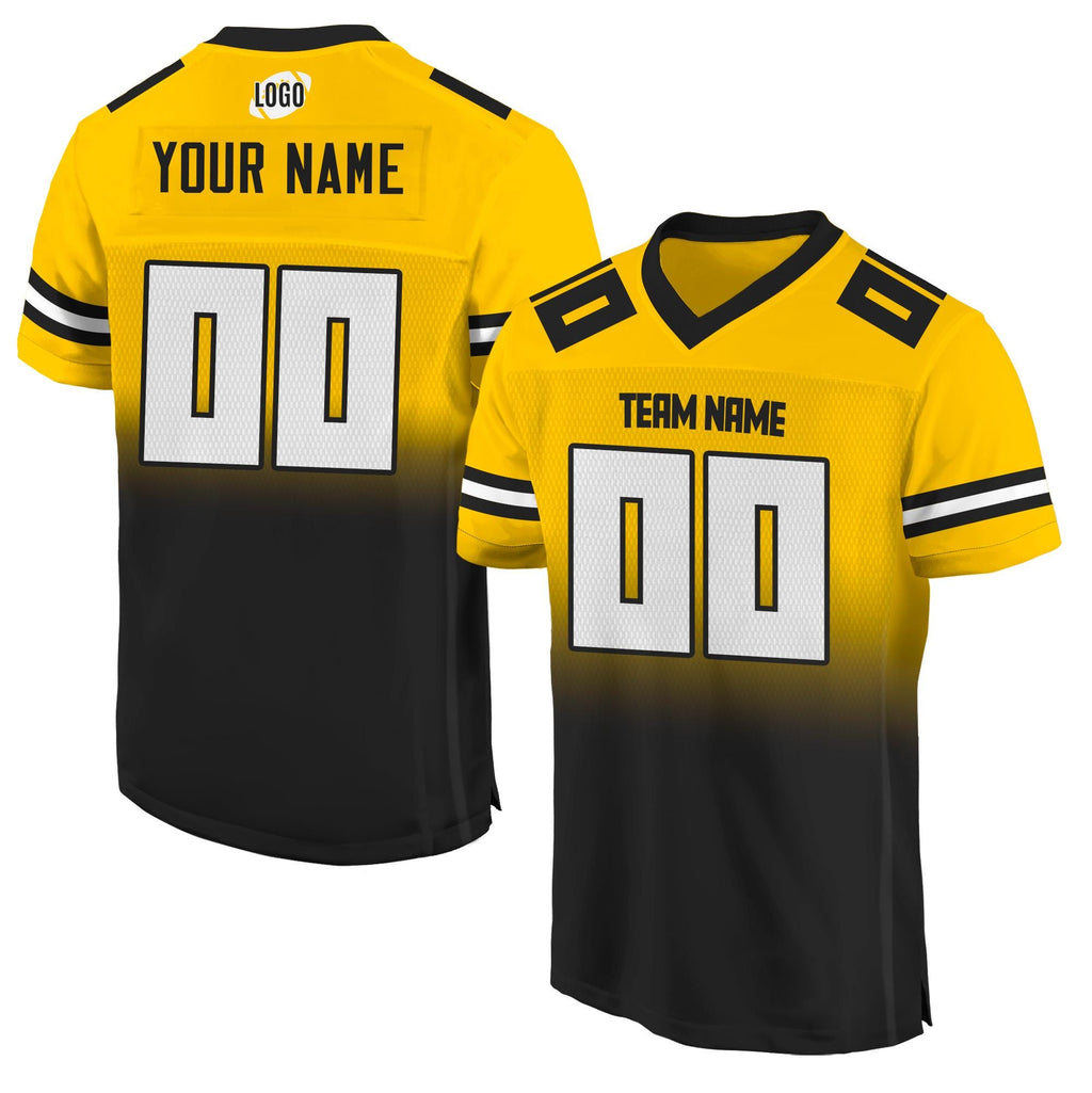 Custom Team Name Number Logo Football Jersey For Men Women Youth Preschool, Custom V-Neck Mesh Football Shirt Gradient Black Yellow Jersey