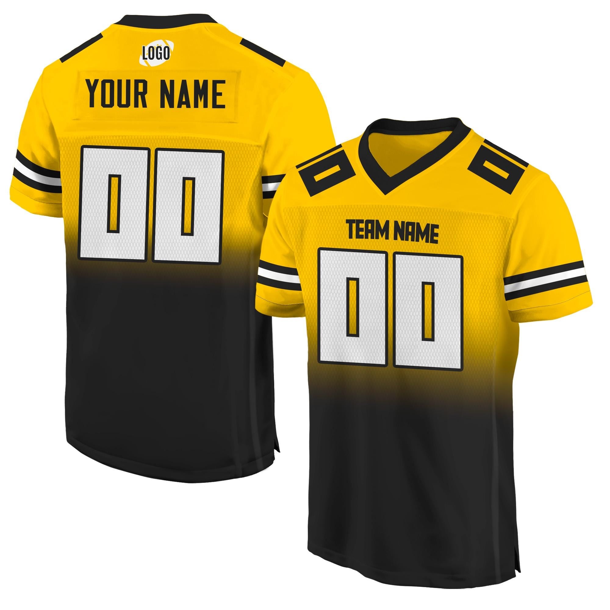 Custom Team Name Number Logo Football Jersey For Men Women Youth Preschool, Custom V-Neck Mesh Football Shirt Gradient Black Yellow Jersey