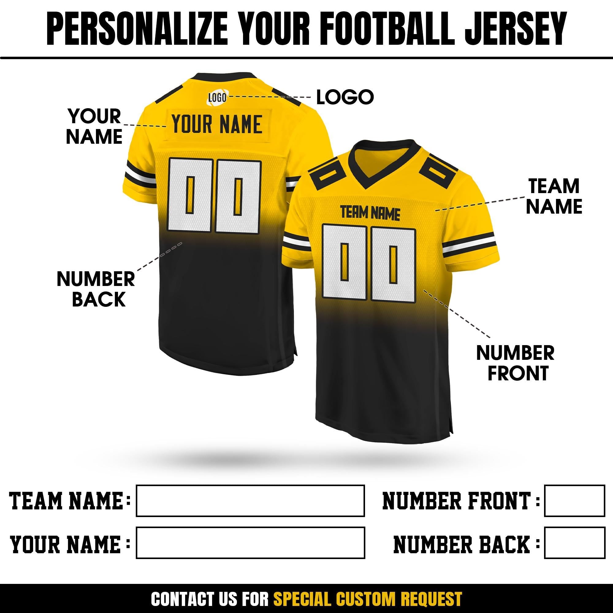Custom Team Name Number Logo Football Jersey For Men Women Youth Preschool, Custom V-Neck Mesh Football Shirt Gradient Black Yellow Jersey