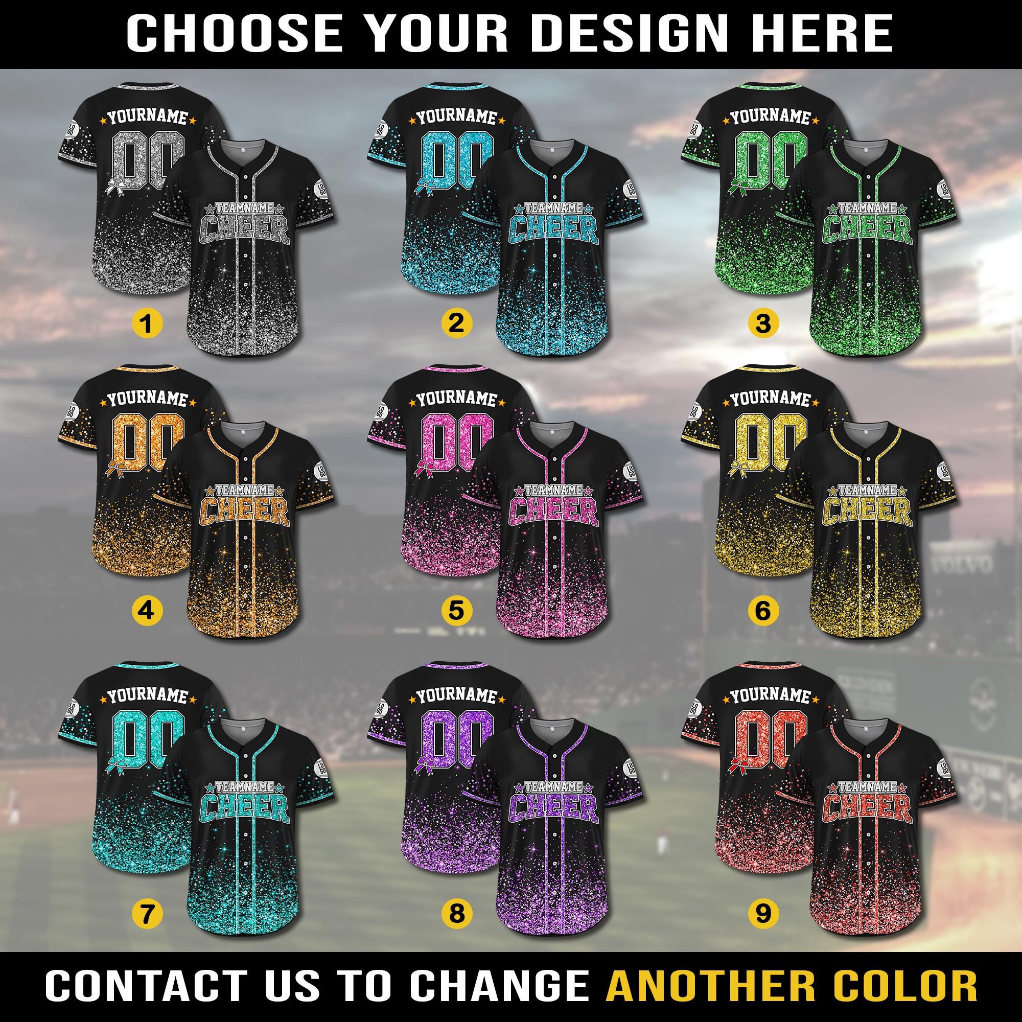 Personalized Team Name Number Glitter Cheer Baseball Jersey for Adult Kid, Custom Name Cheer Ribbon Baseball Jersey for Cheer Leader Team