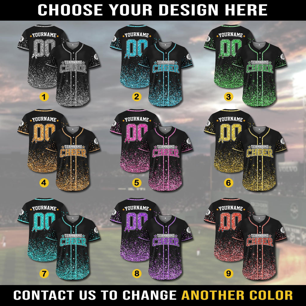 Personalized Team Name Number Glitter Cheer Baseball Jersey for Men Women Youth Kid, Custom Name Coquette Bow Cheer Jersey For Cheerleader