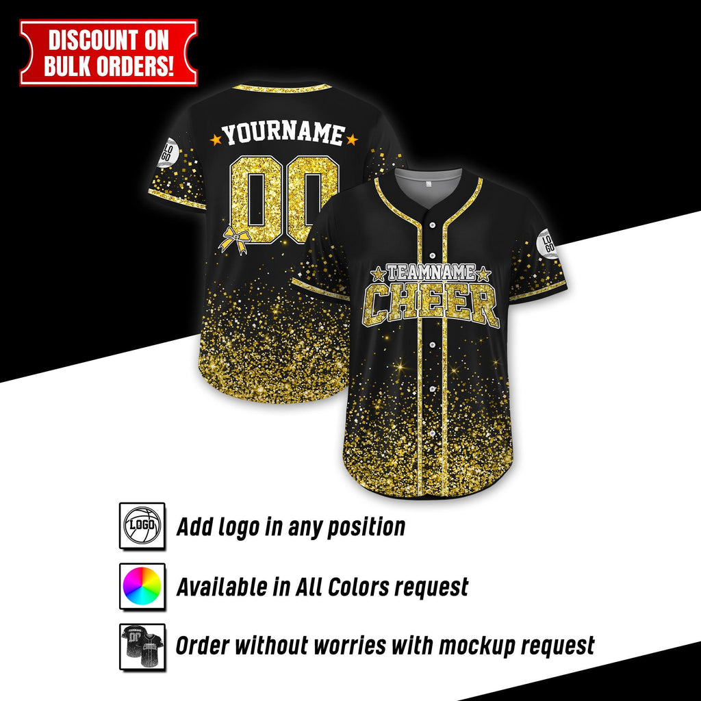 Personalized Team Name Number Glitter Cheer Baseball Jersey for Men Women Youth Kid, Custom Name Coquette Bow Cheer Jersey For Cheerleader
