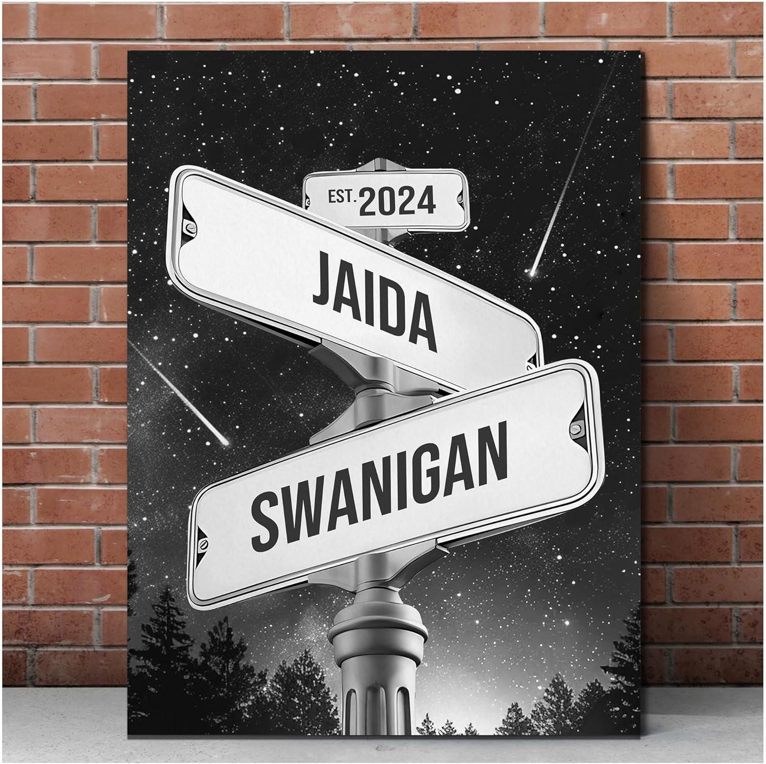 Custom Name Date Crossroads Street Sign, Personalized Name Vintage Street Sign Canvas Wedding Wall Art Ideal Gift For Couples Anniversary