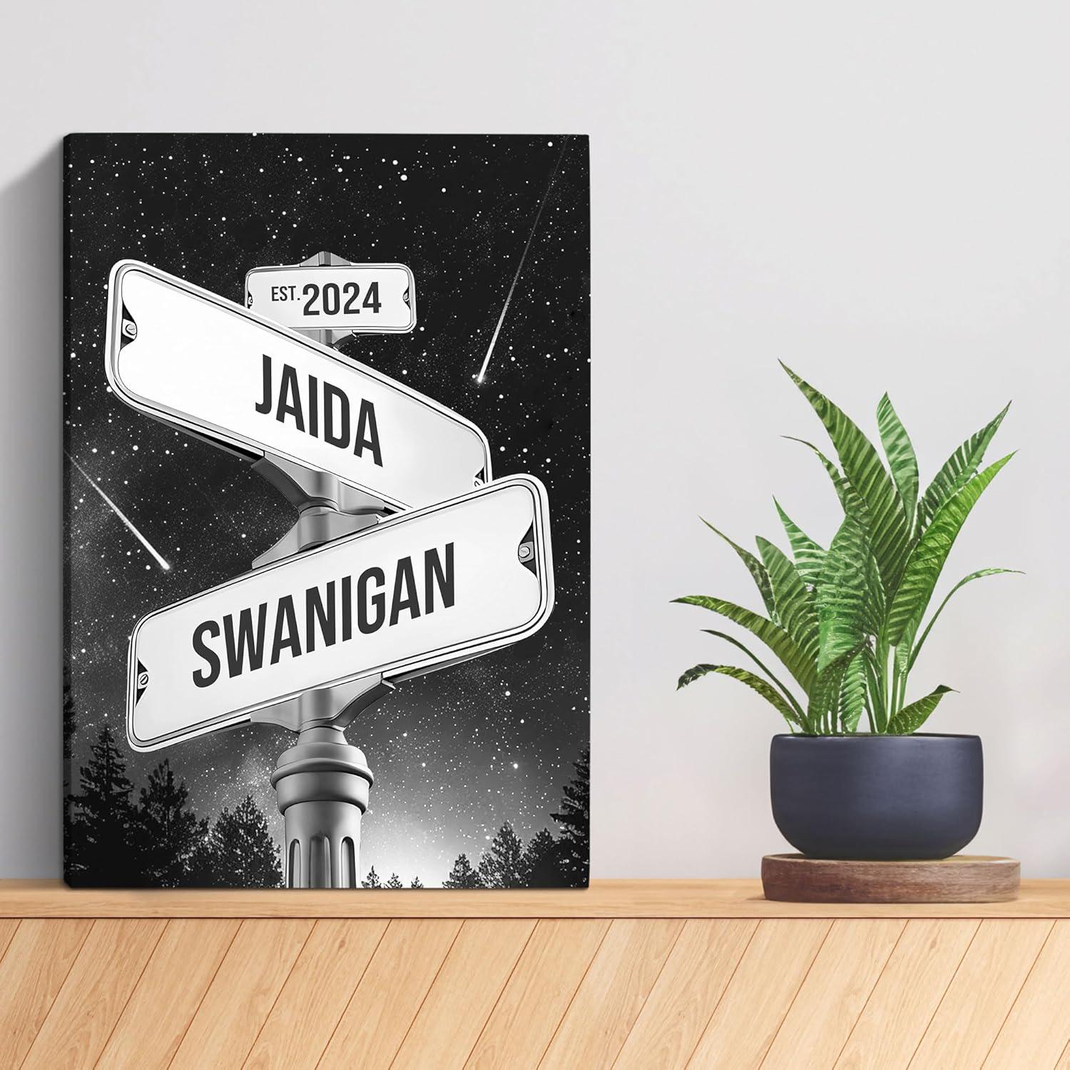 Custom Name Date Crossroads Street Sign, Personalized Name Vintage Street Sign Canvas Wedding Wall Art Ideal Gift For Couples Anniversary