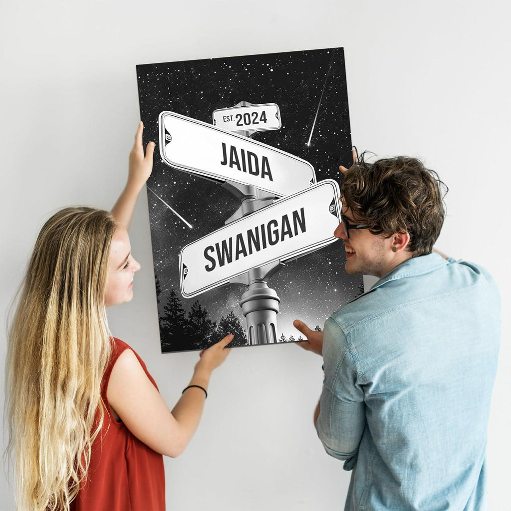 Custom Name Date Crossroads Street Sign, Personalized Name Vintage Street Sign Canvas Wedding Wall Art Ideal Gift For Couples Anniversary