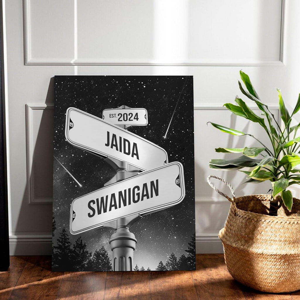 Custom Name Date Crossroads Street Sign, Personalized Name Vintage Street Sign Canvas Wedding Wall Art Ideal Gift For Couples Anniversary