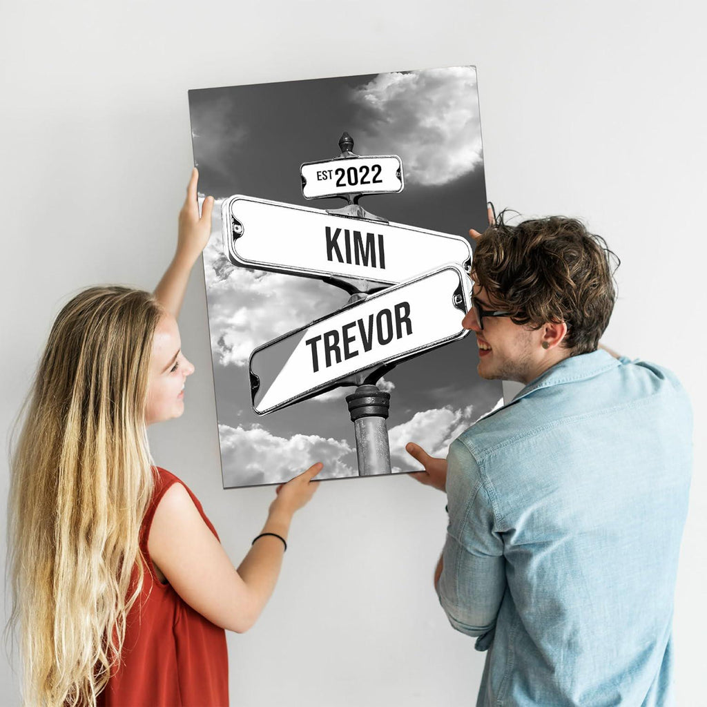 Personalized Name Vintage Street Sign Canvas, Wedding Wall Art Custom Name Date Crossroads Street Sign, Ideal Gift For Couples Anniversary