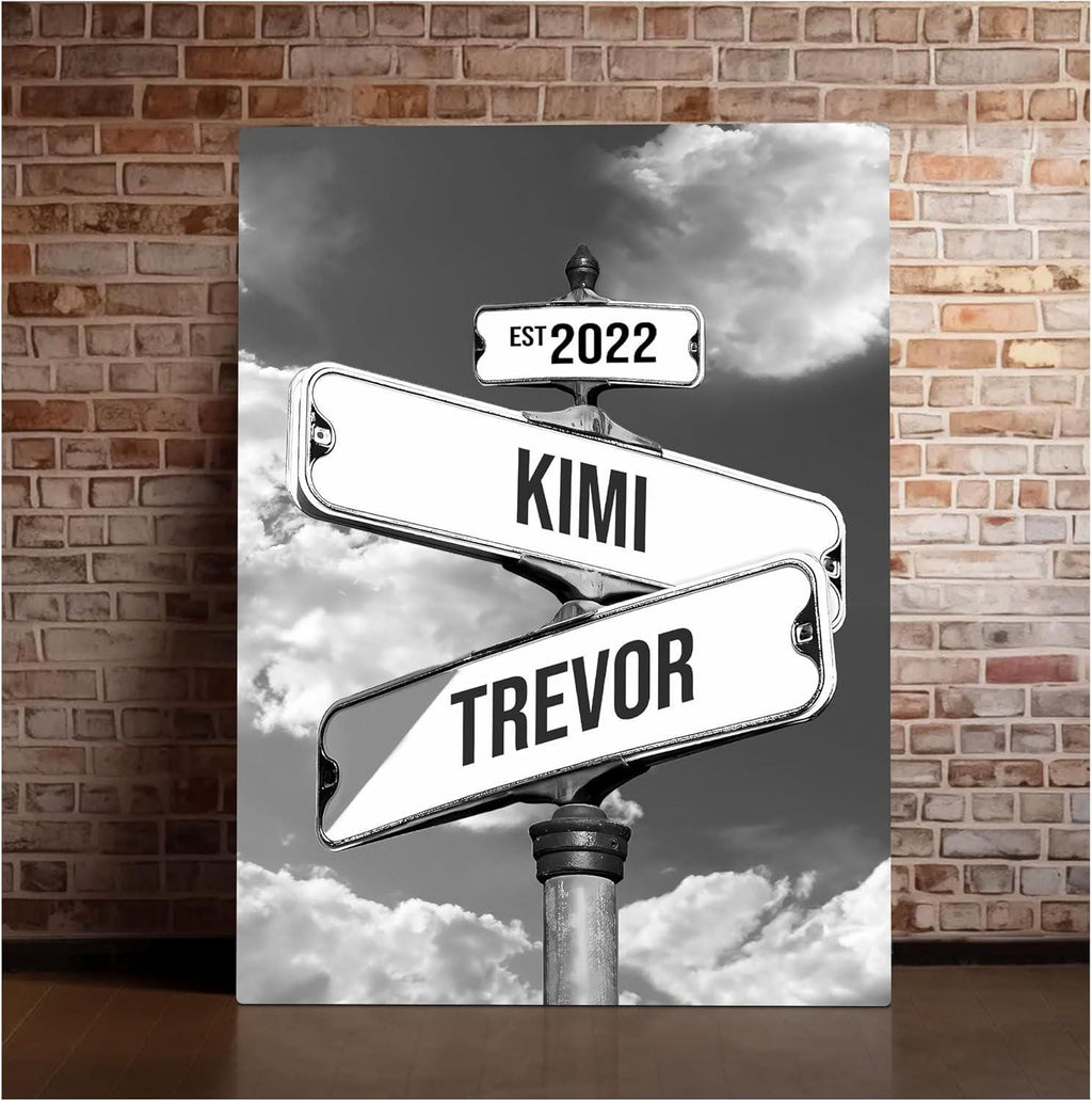 Personalized Name Vintage Street Sign Canvas, Wedding Wall Art Custom Name Date Crossroads Street Sign, Ideal Gift For Couples Anniversary