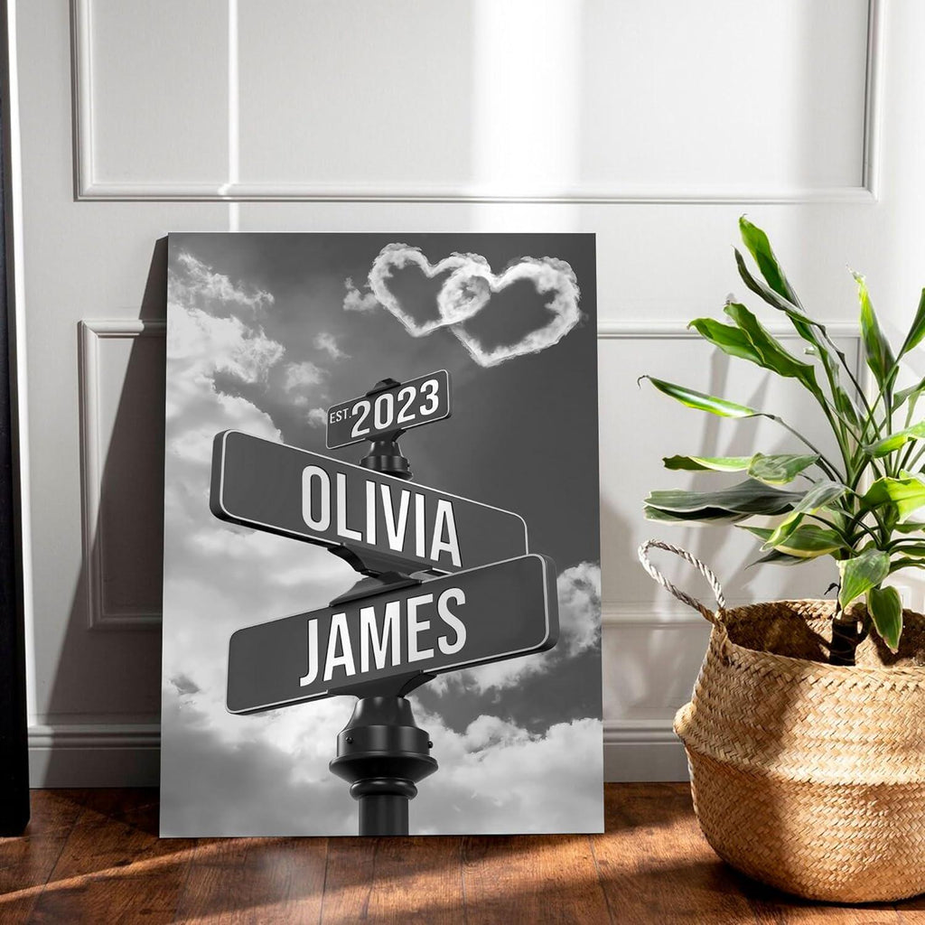 Custom Name And Date Street Sign Canvas Print, Personalized Canvas Vintage Street Sign Gift For Couples, Valentine day gift, Newlywed Gift